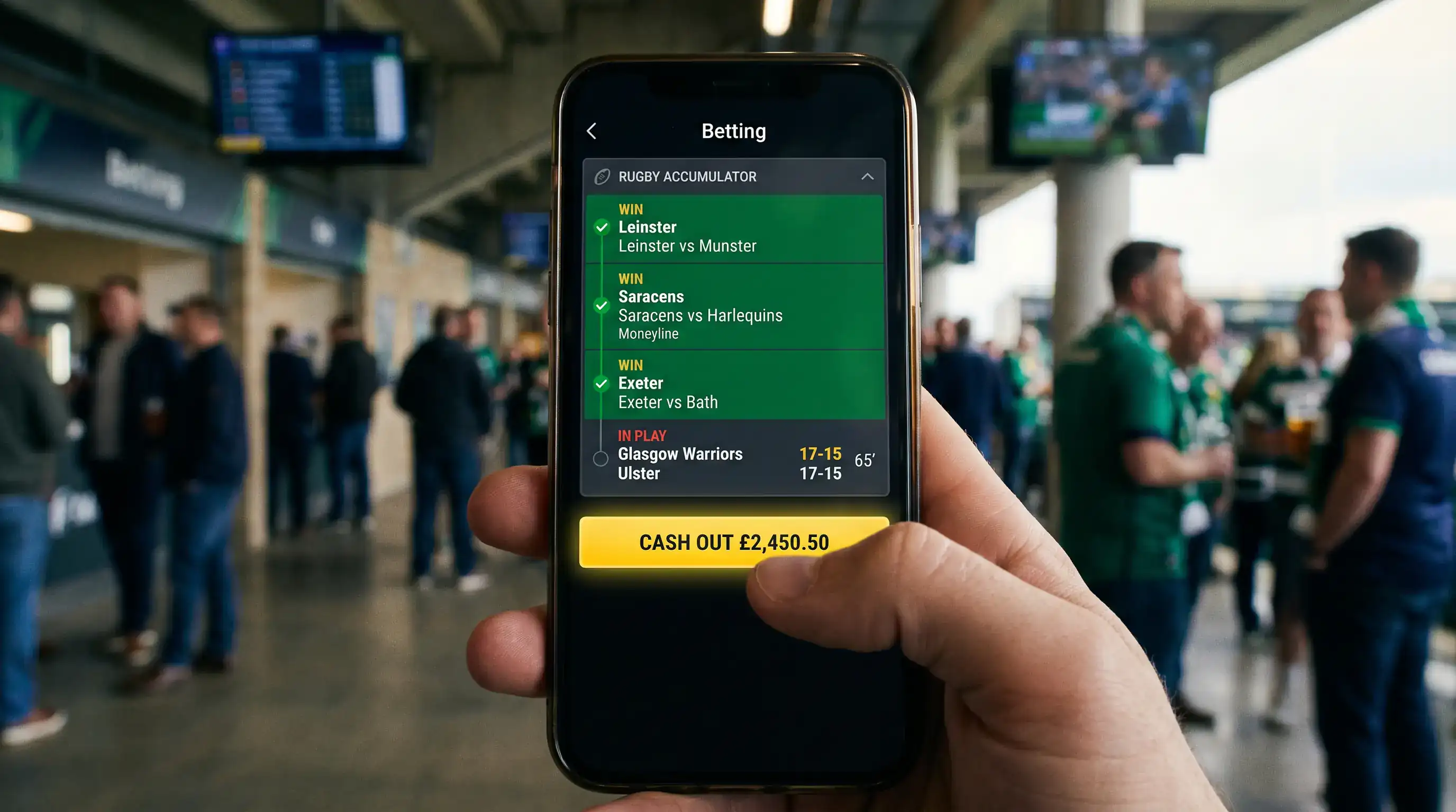 Cash-out notification on a mobile betting app during a live rugby accumulator bet