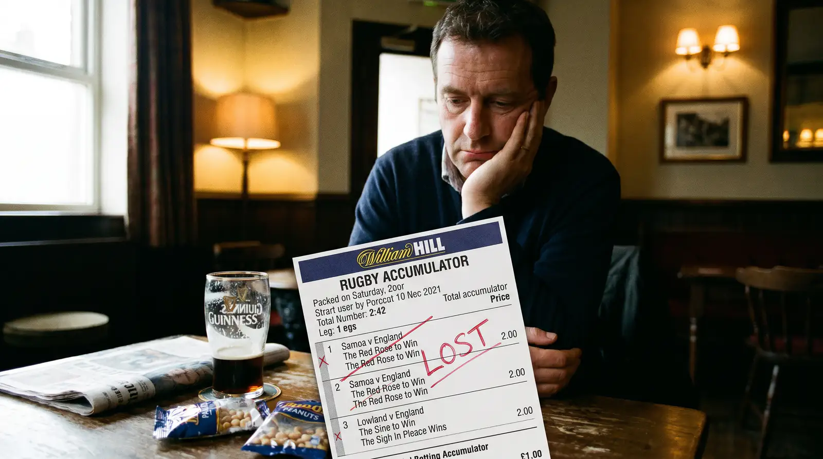Frustrated bettor looking at a losing betting slip after a failed rugby accumulator