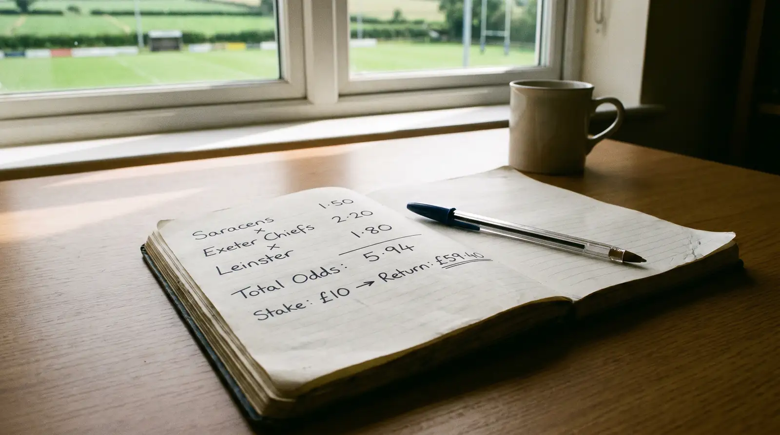 Notebook showing rugby accumulator odds multiplied across three match selections