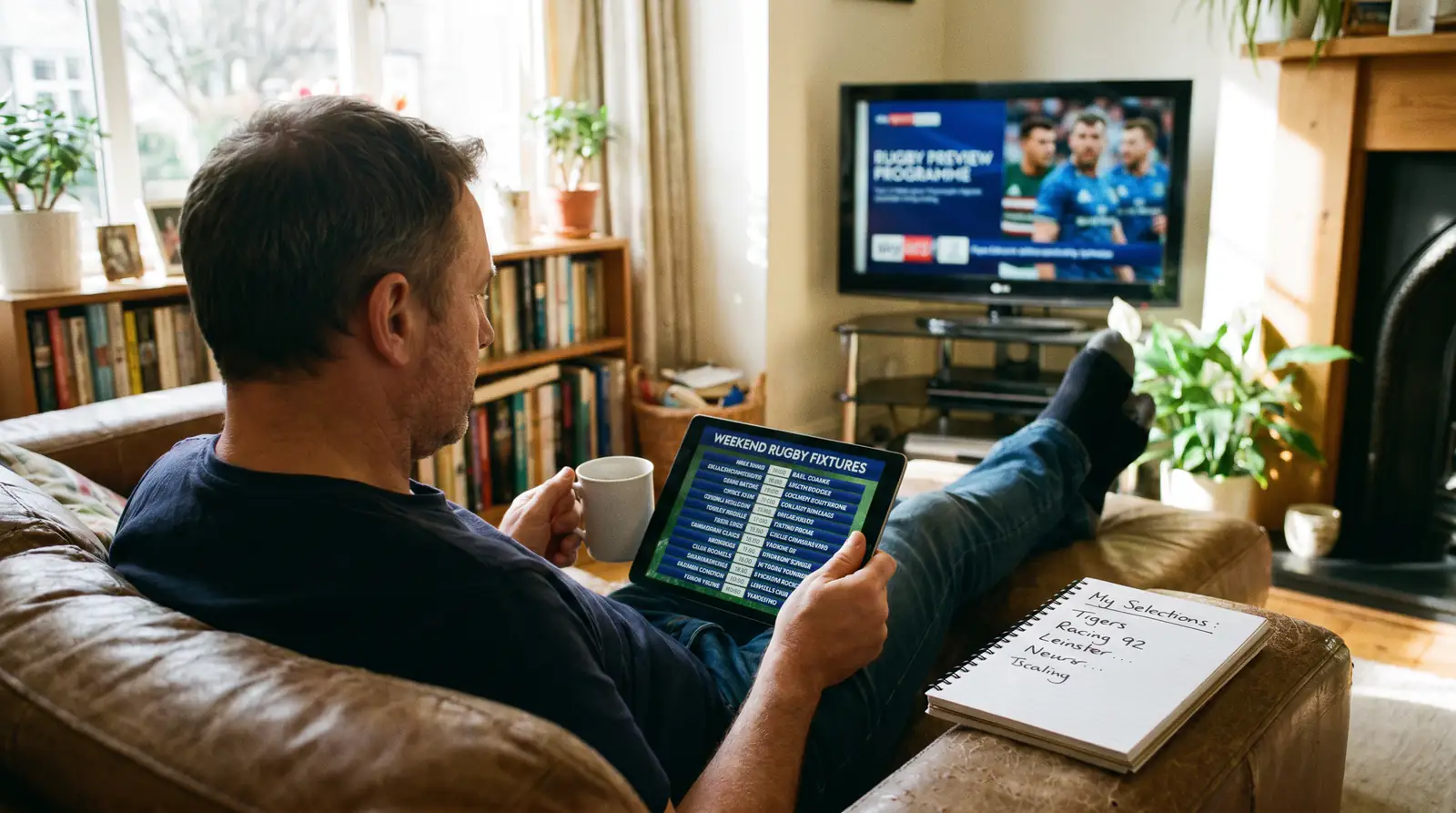 Bettor reviewing weekend rugby fixtures on a tablet while planning accumulator selections