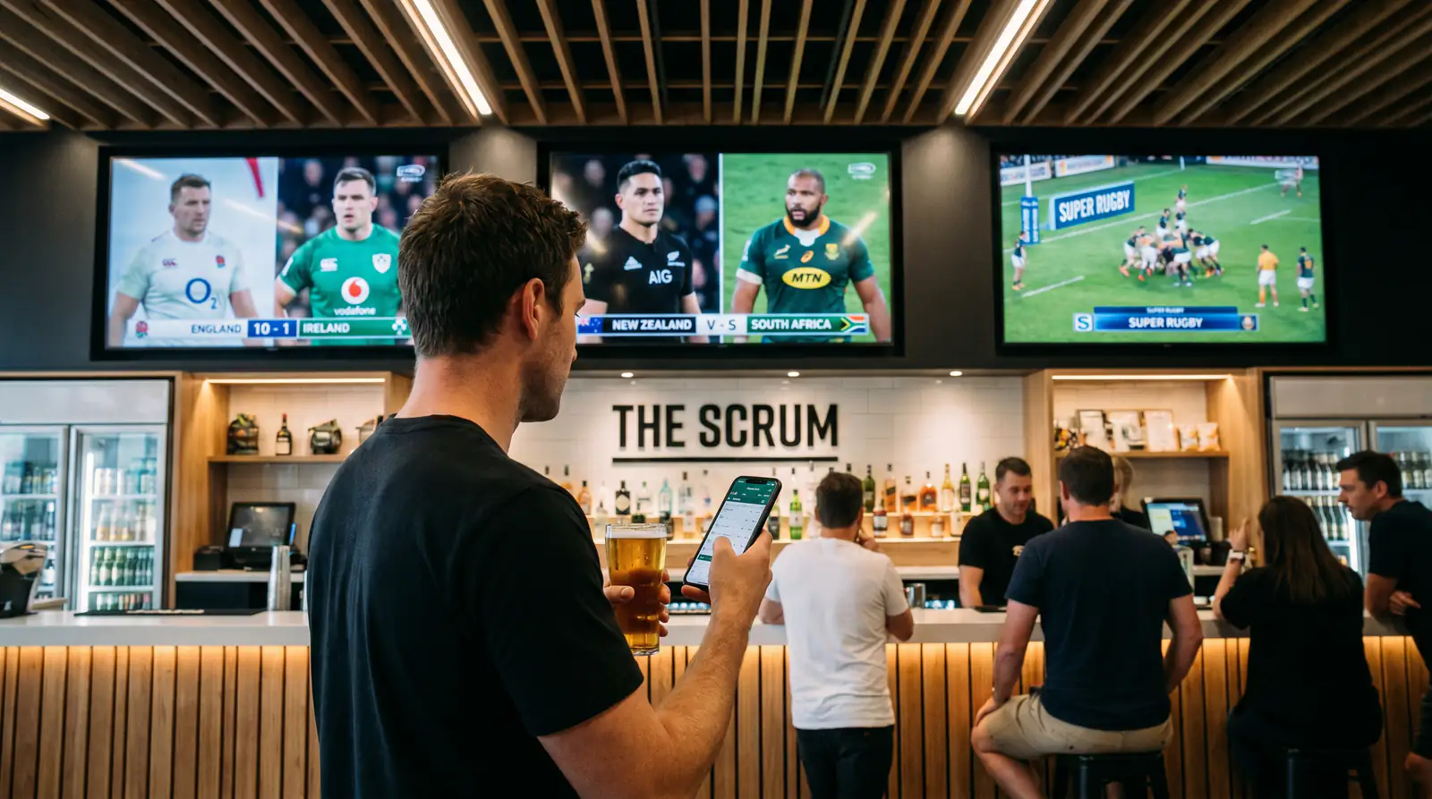 Rugby fan watching multiple matches on screens in a sports bar tracking acca progress