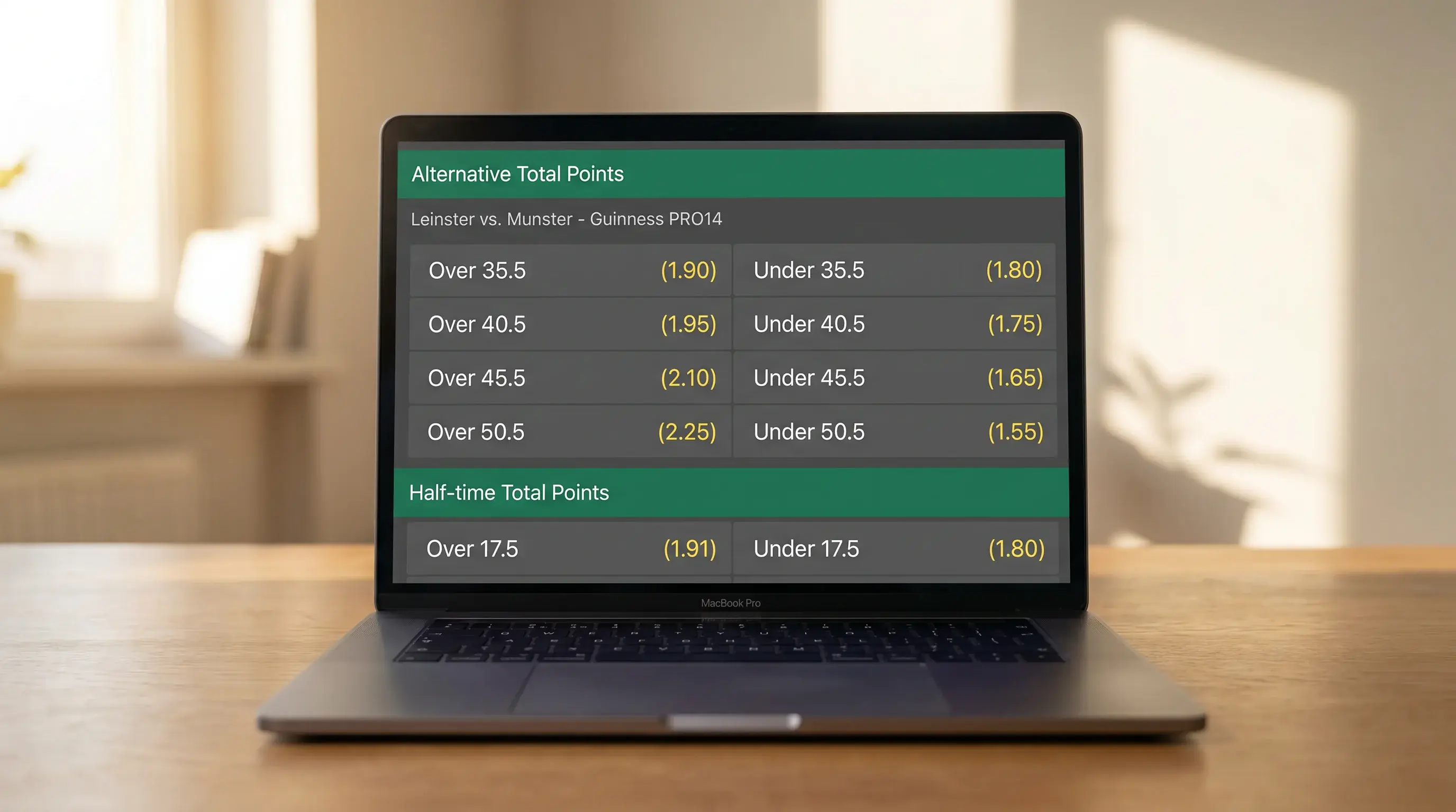 Sportsbook screen displaying alternative total points lines and half-time totals for rugby