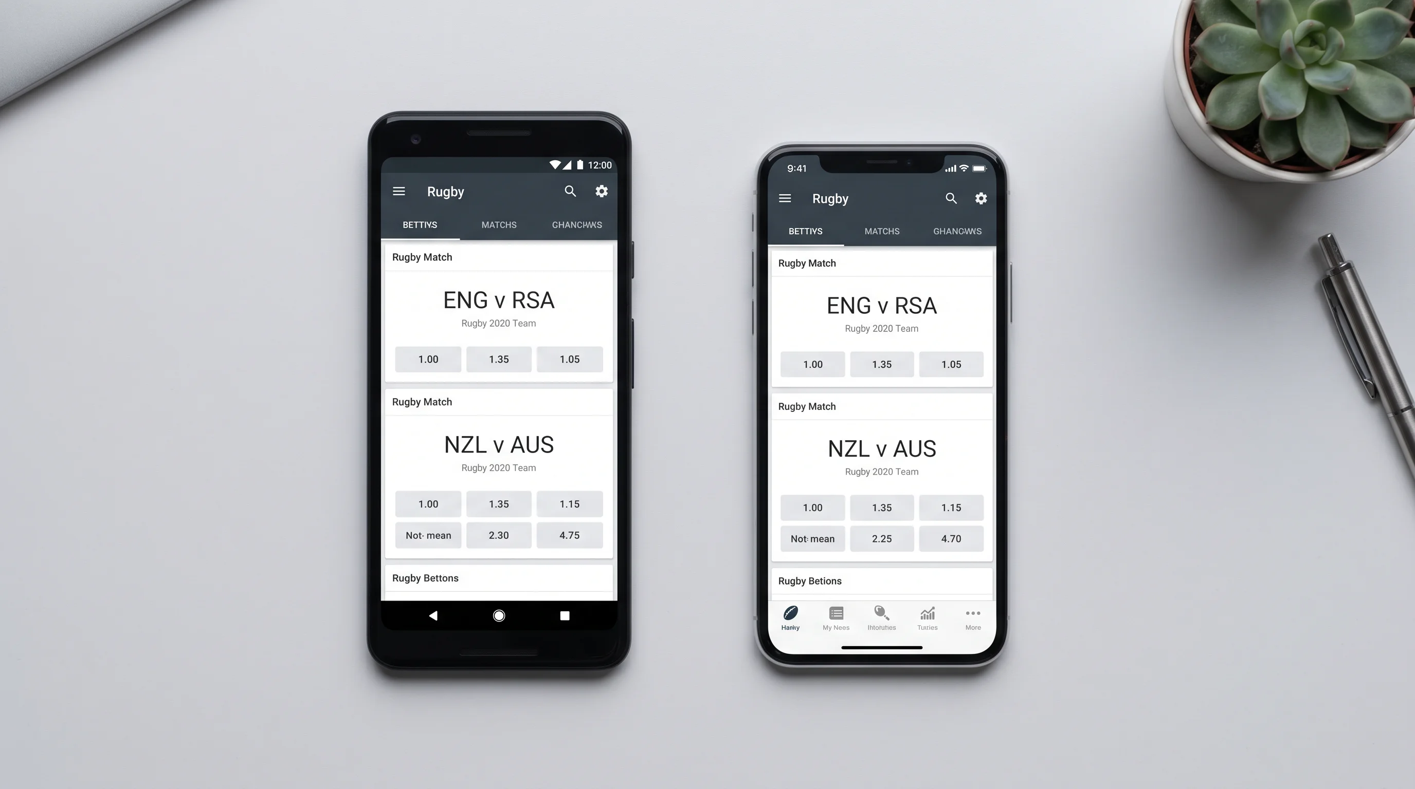 Two smartphones side by side showing the same rugby betting app on Android and iOS platforms