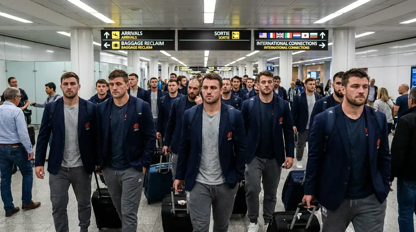Southern hemisphere rugby team arriving at a European airport at the end of a long season