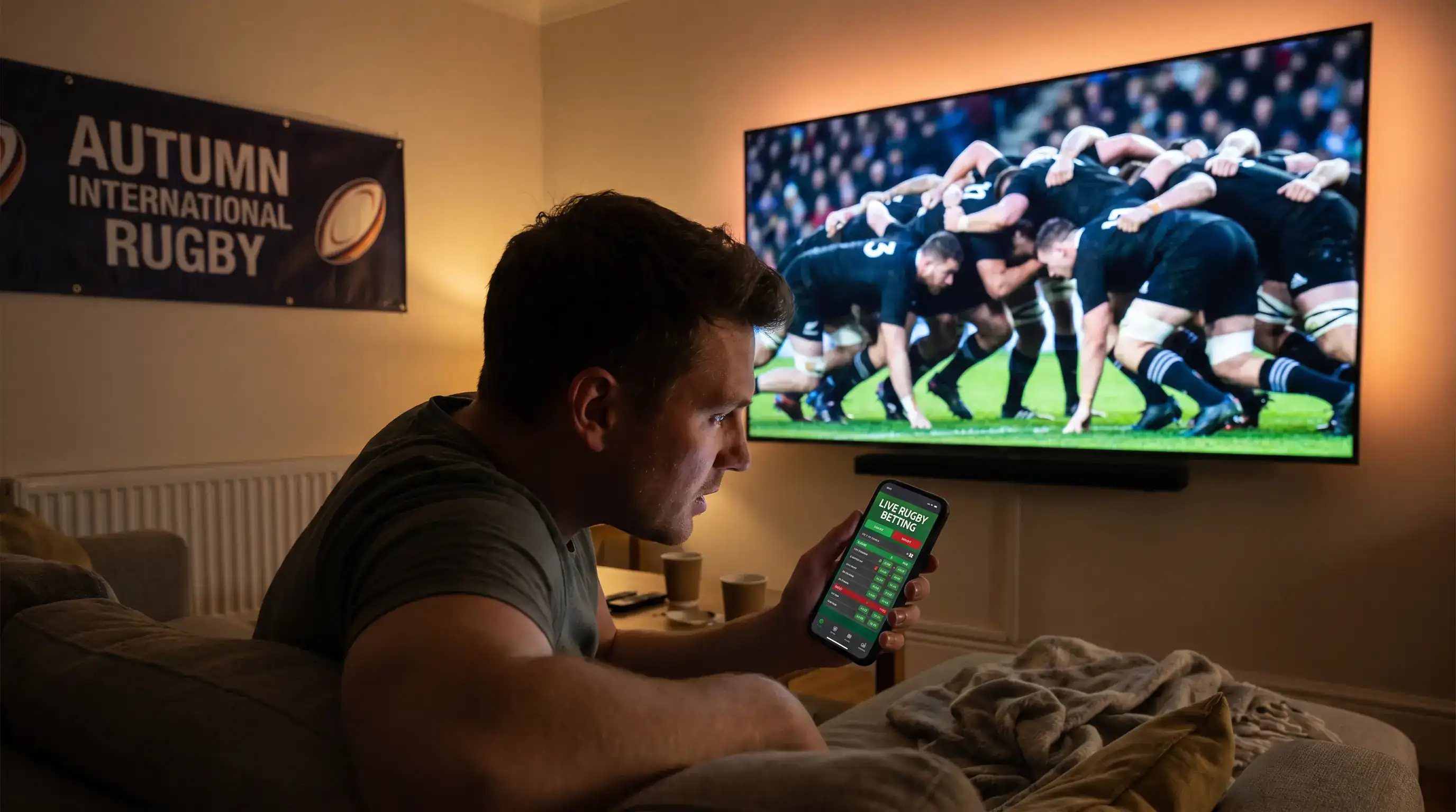 Bettor watching an autumn international live and preparing an in-play rugby bet on mobile