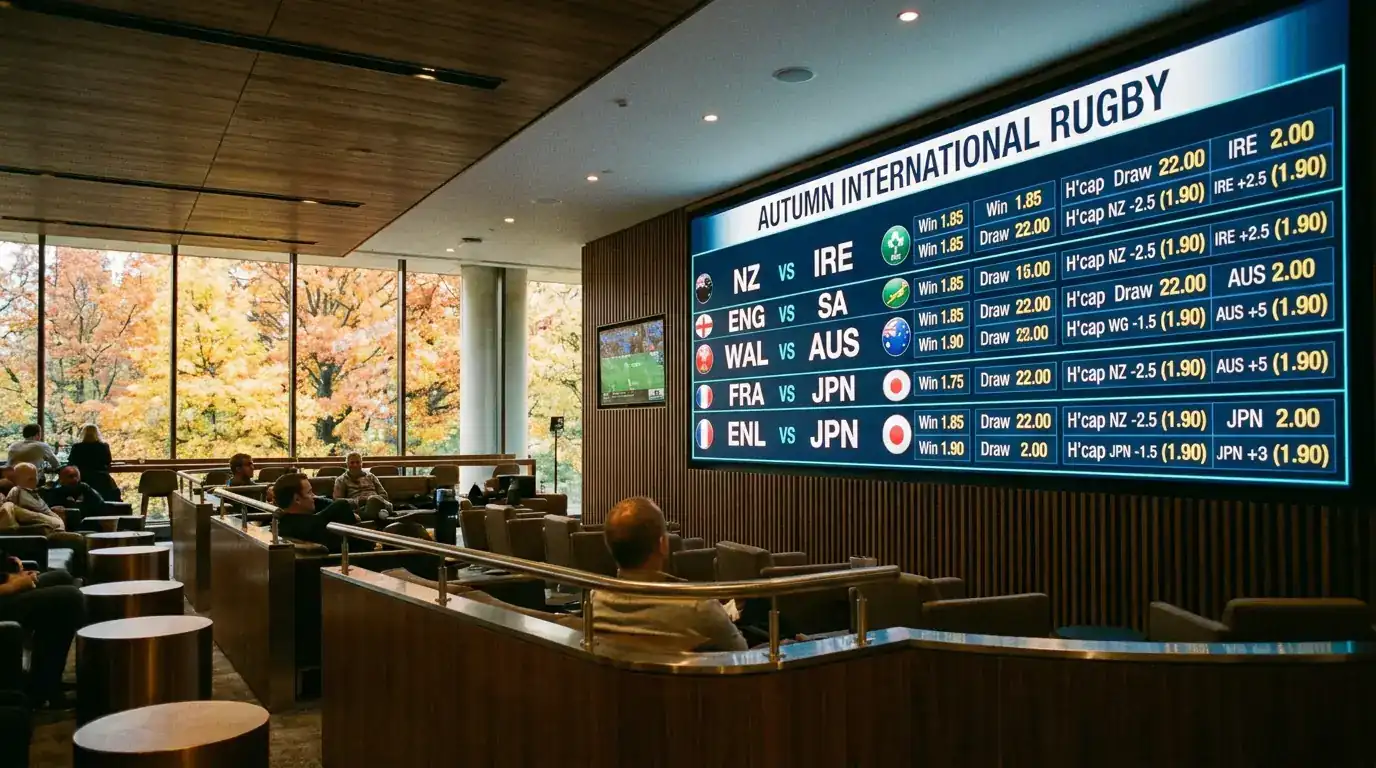 Bookmaker display of match odds and handicap lines for a full weekend of autumn internationals