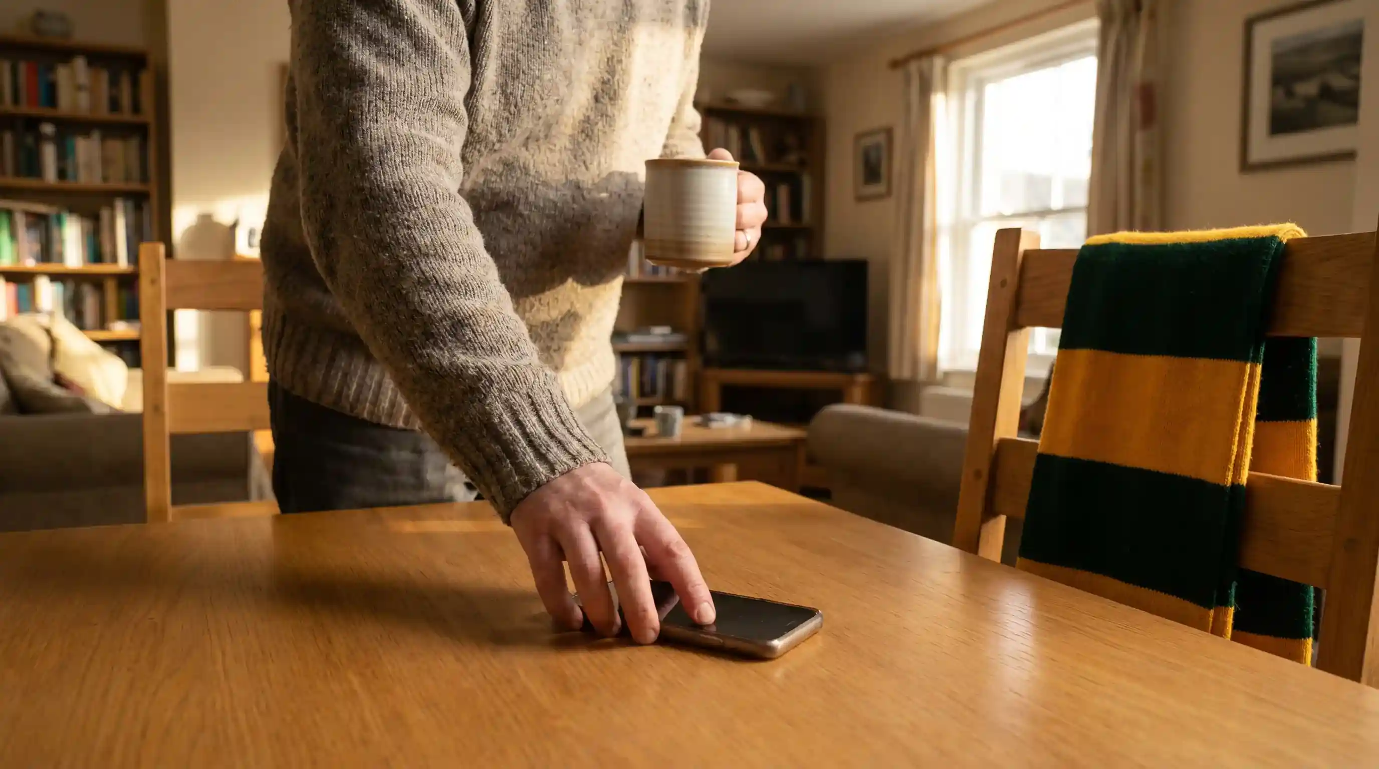 Person stepping away from a phone to take a break from rugby betting after a loss