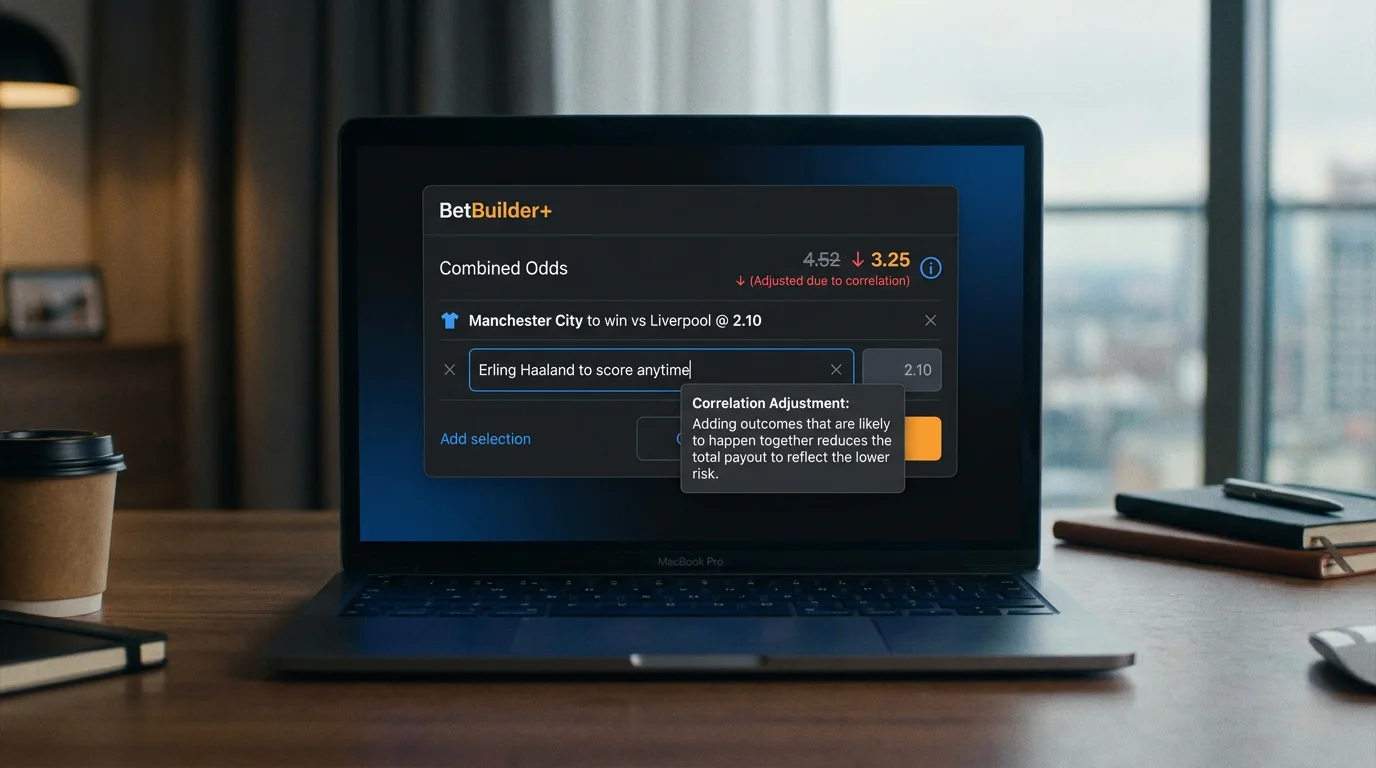 Bet builder pricing engine showing how correlated rugby outcomes reduce combined odds
