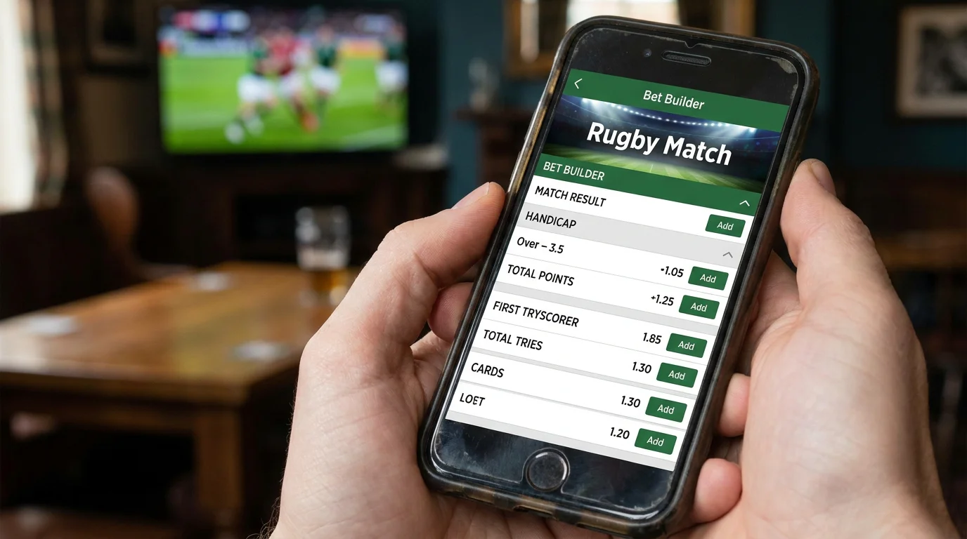 Rugby bet builder screen showing available market legs including tryscorer and total points