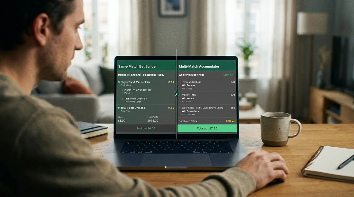 Bettor choosing between a same-match bet builder and a cross-match accumulator on screen