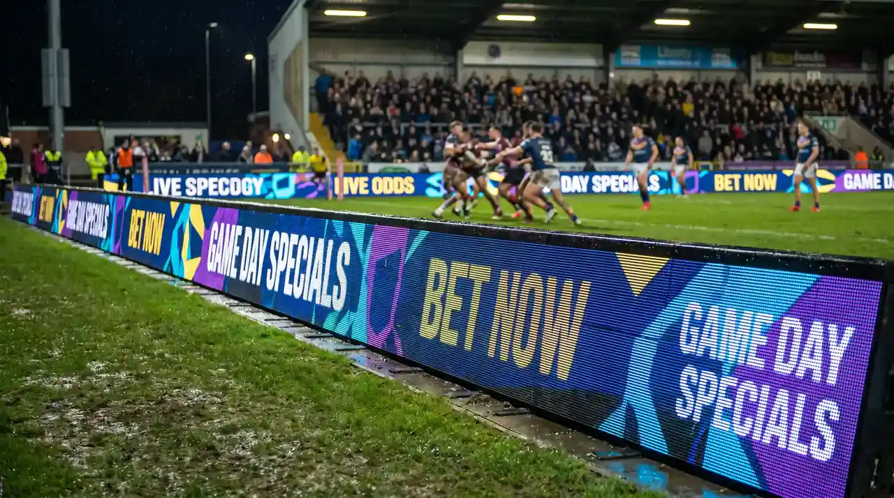 Rugby league pitch-side advertising boards displaying betting sponsor branding during a Super League match