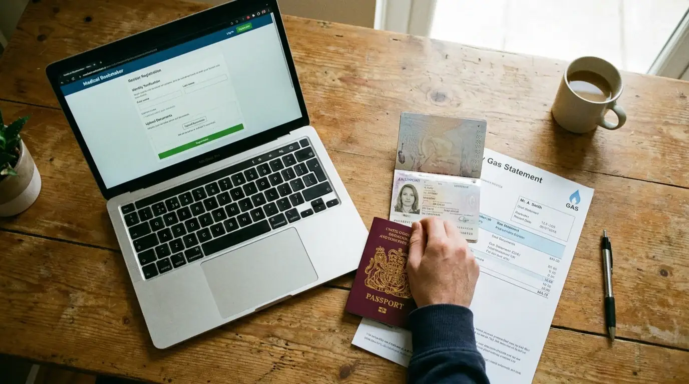 Identity verification documents laid out next to a laptop during bookmaker account registration