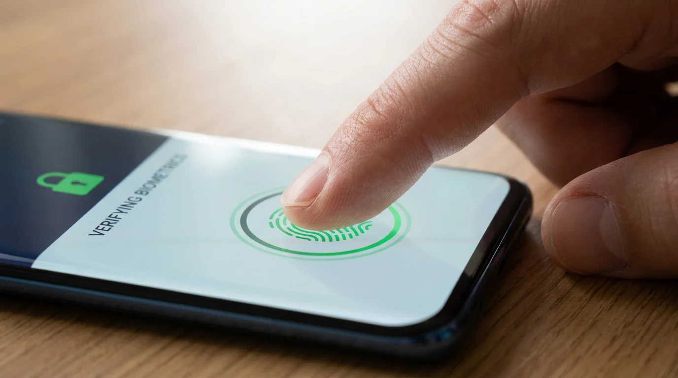 Finger pressing a smartphone fingerprint sensor to log into a rugby betting app
