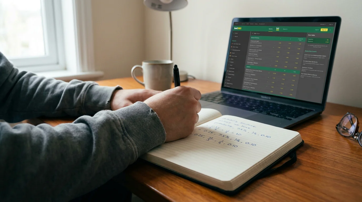 Person writing odds calculations in a notebook with a laptop open to a rugby betting interface