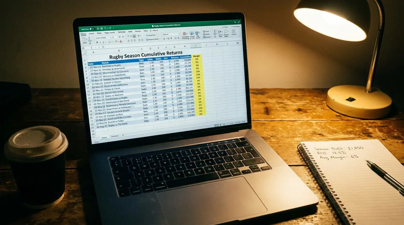 Spreadsheet calculating the long-term cost of bookmaker margins on rugby betting returns