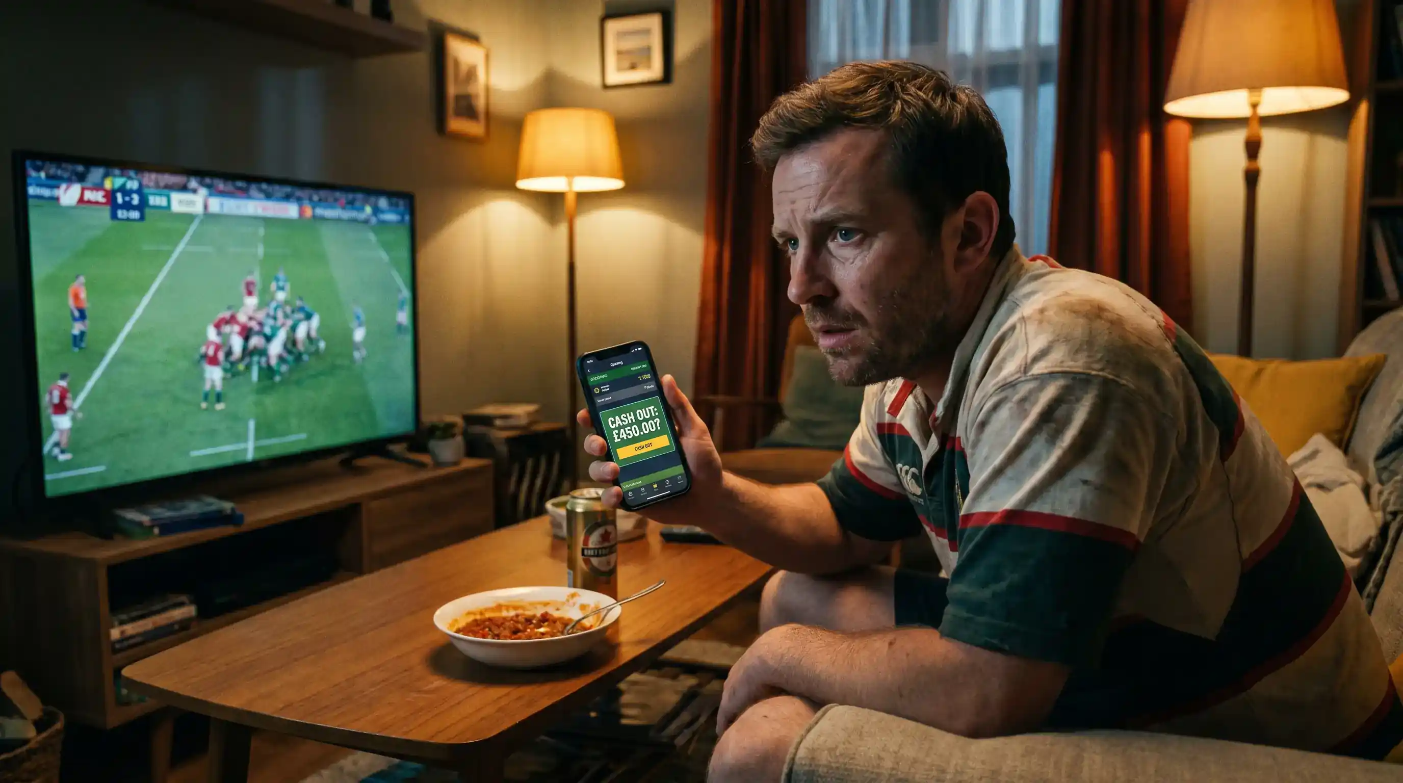 Rugby bettor watching a match and weighing whether to cash out or hold a live wager