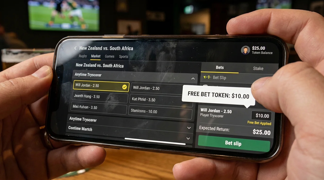 Mobile screen showing a claimed free bet being applied to a rugby tryscorer selection