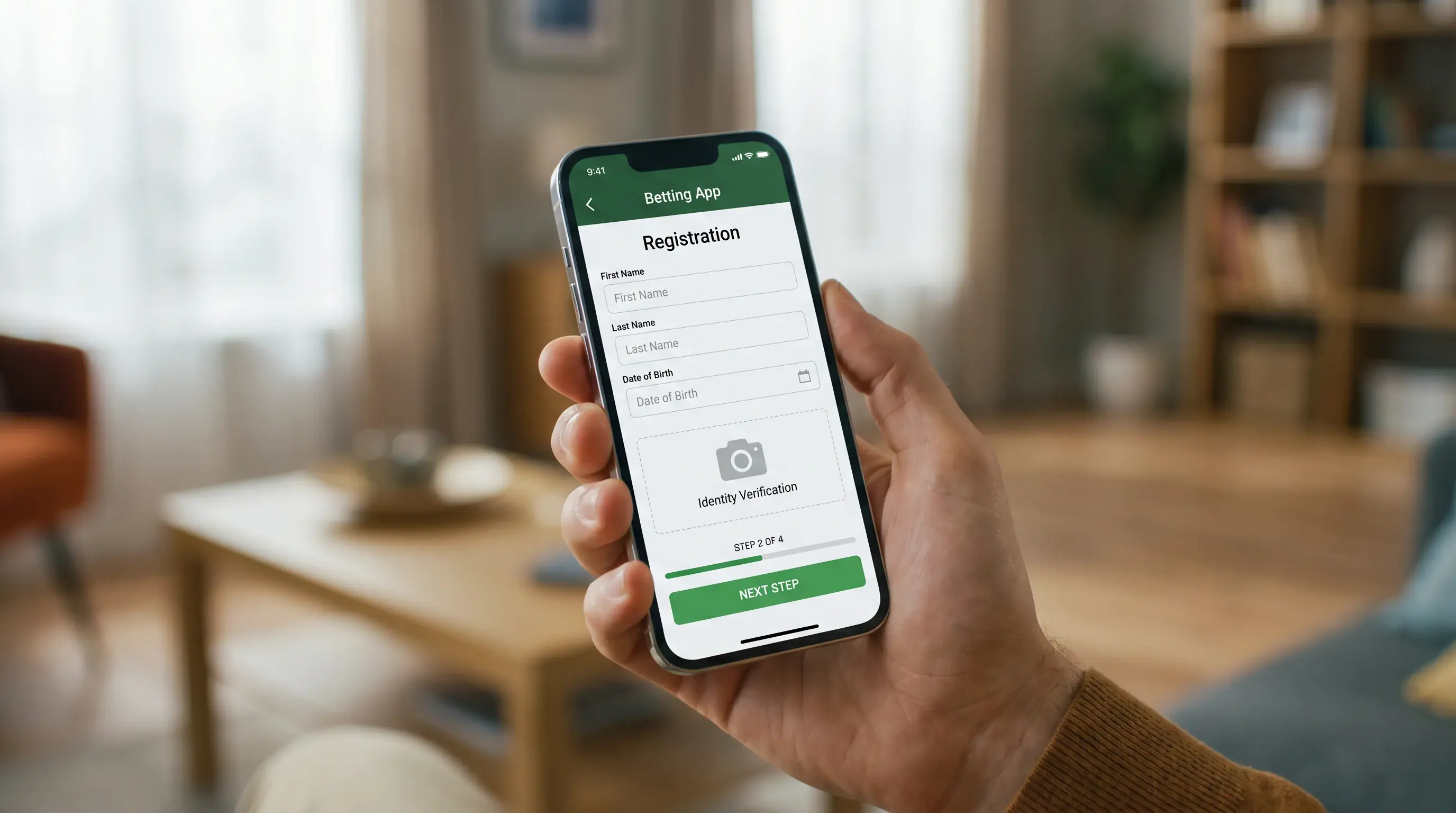 Smartphone showing account registration steps on a betting app with identity verification prompt