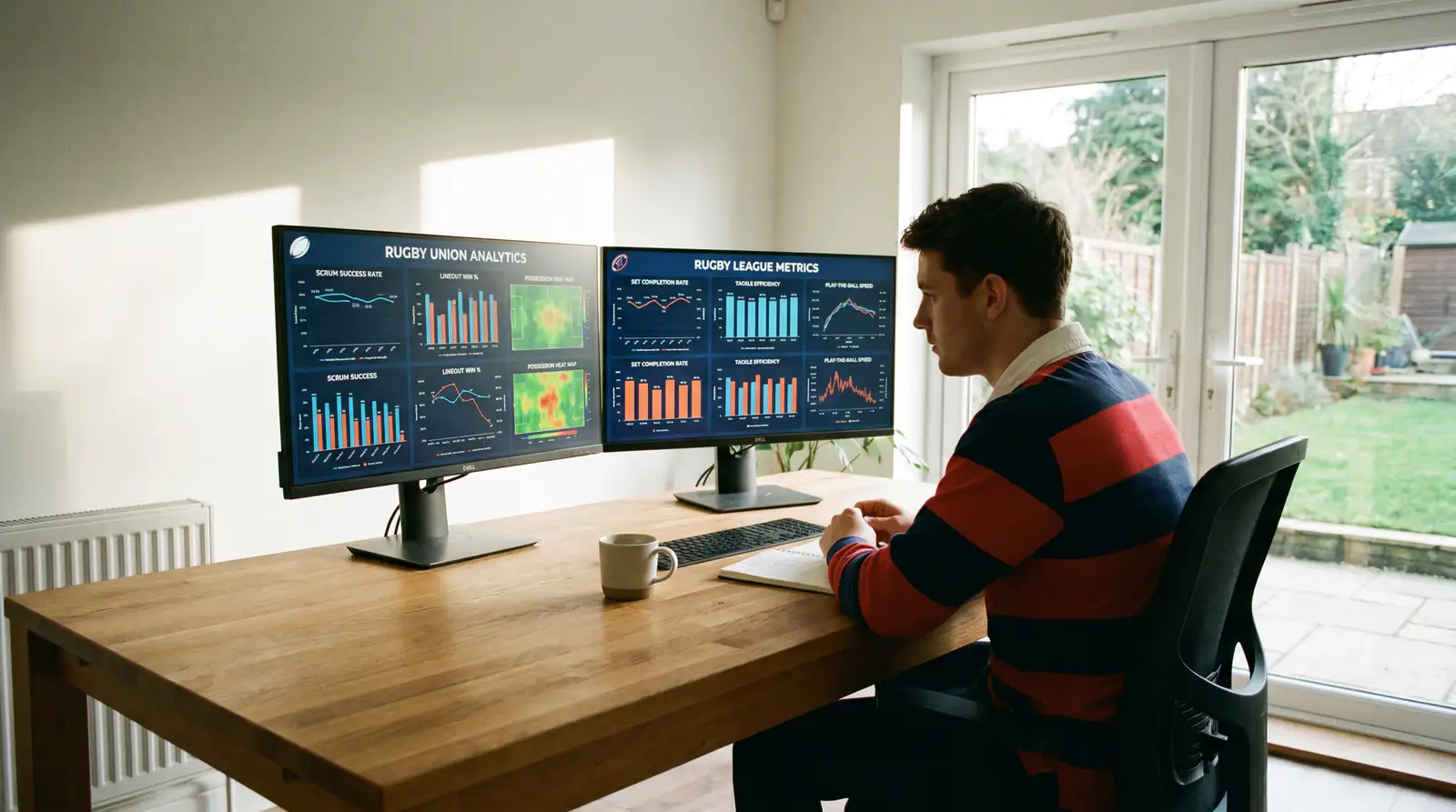 Analyst with two separate rugby models open on screen for union and league fixtures