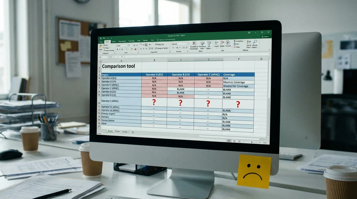 Desktop screen showing a comparison tool with missing operators and limited market coverage