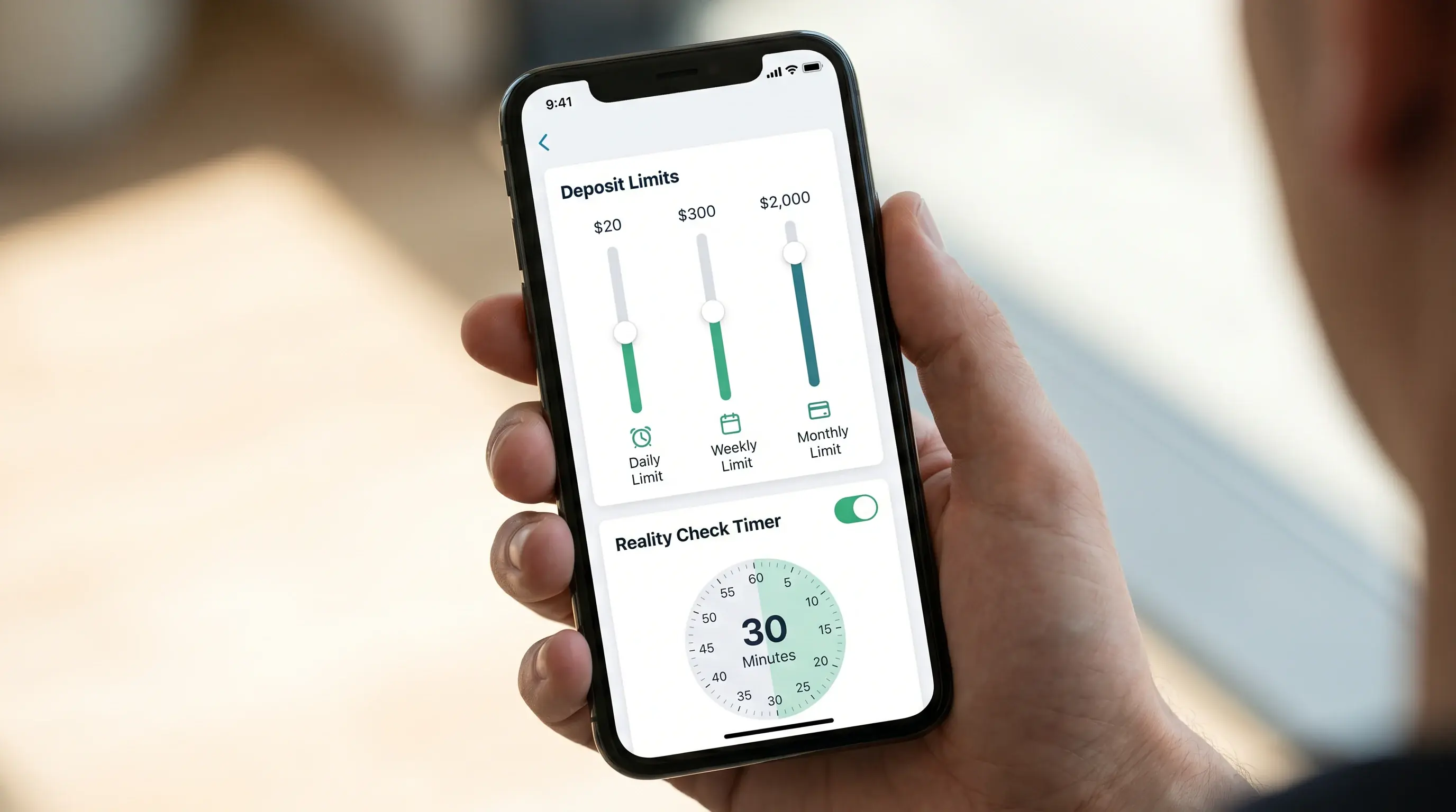 Mobile app screen showing deposit limit controls and reality check timer settings