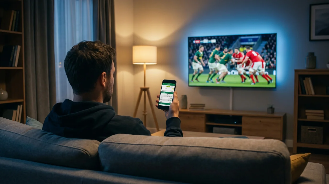 Person watching rugby on a television while holding a phone with a betting app open showing live odds