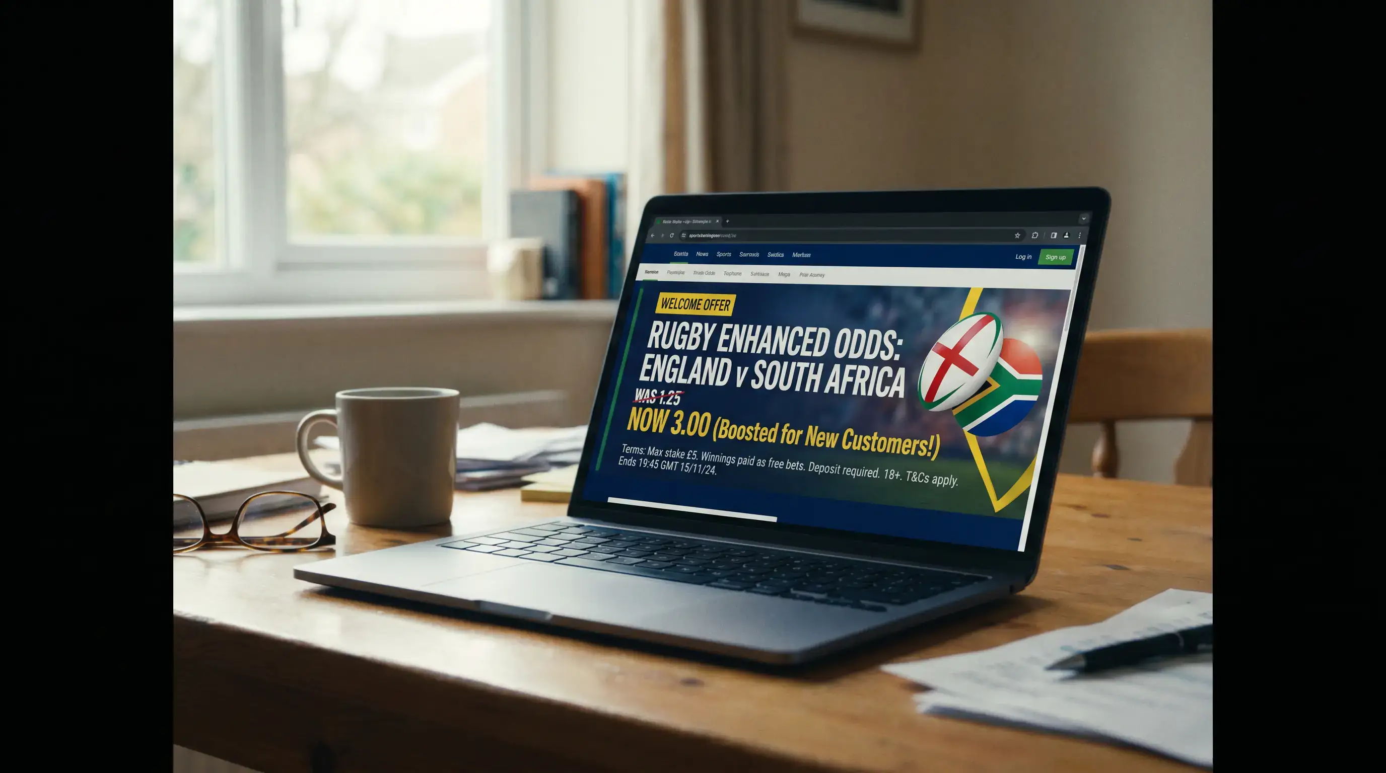 New customer enhanced odds promotion on a sportsbook welcome page for rugby