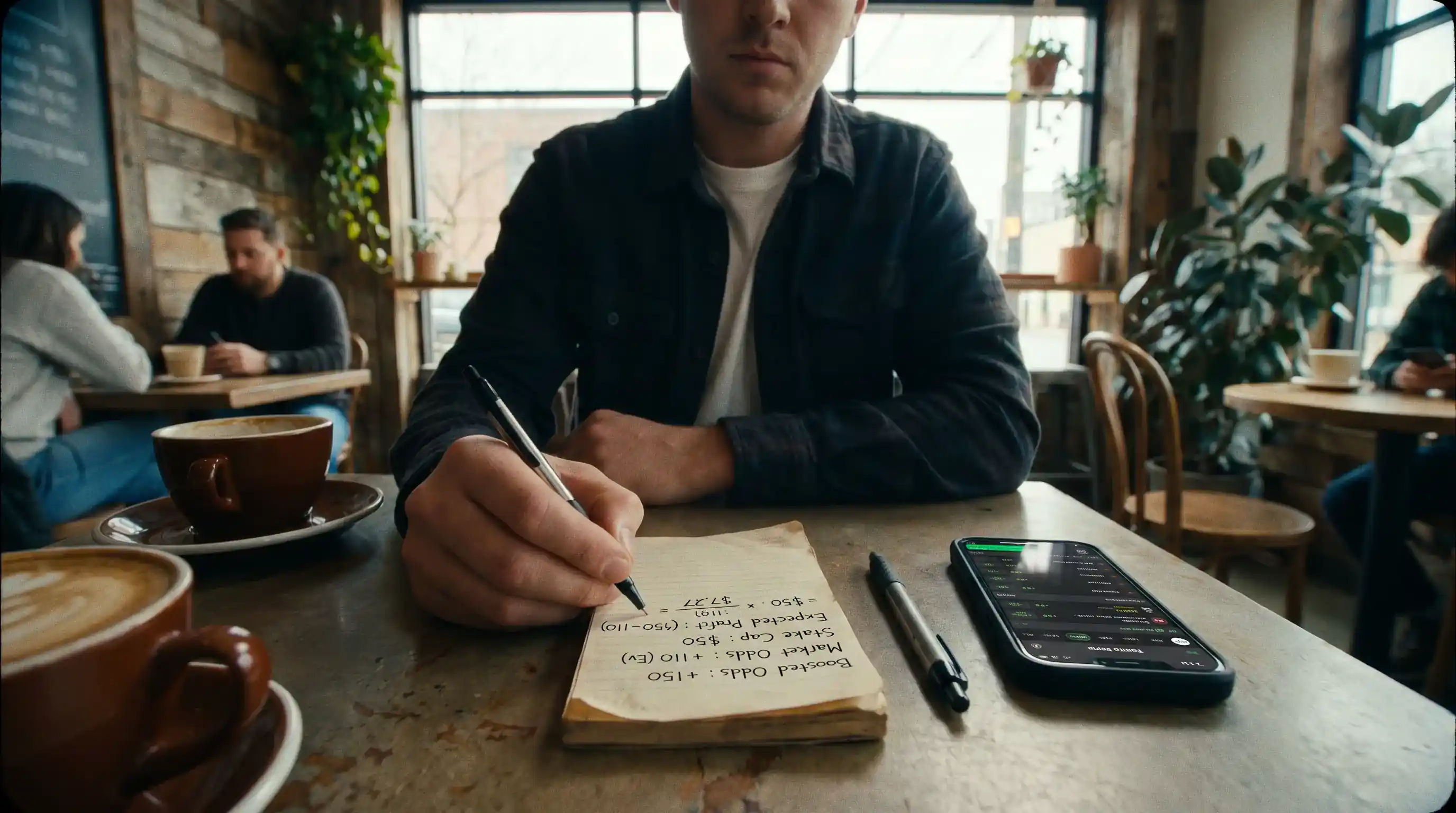 Bettor calculating the real expected value of a rugby price boost on paper