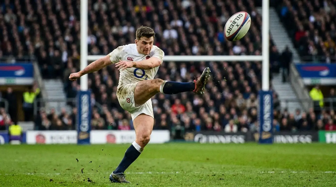 Rugby fly-half kicking a penalty goal representing the first scoring method market