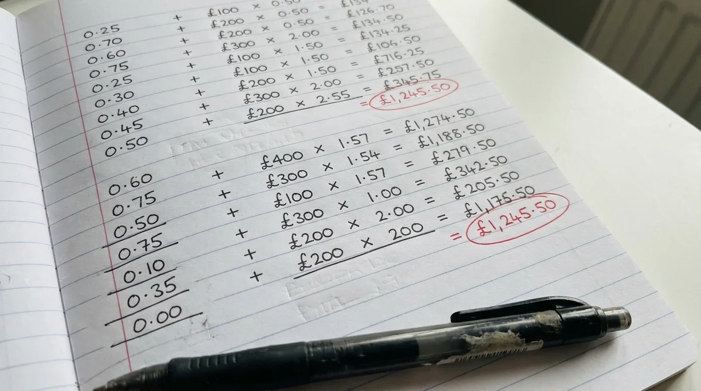 Handwritten worksheet showing effective value calculations for different rugby free bet offers