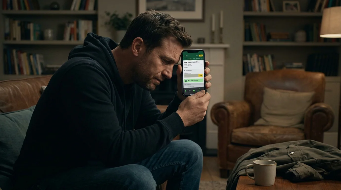 Bettor realising the error of using a free bet on a heavy rugby favourite at short odds