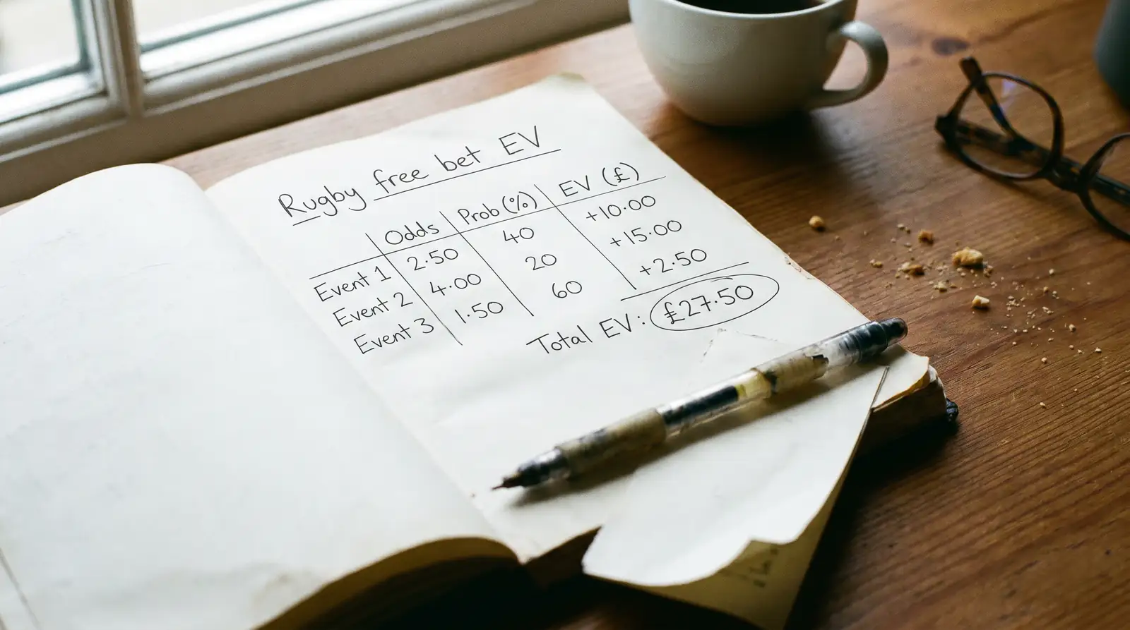 Notebook showing the expected value calculation for a rugby free bet at different odds