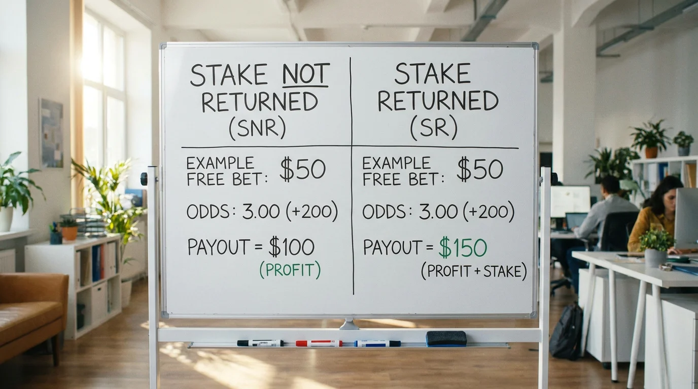 Comparison of stake-not-returned and stake-returned free bet mechanics on a whiteboard