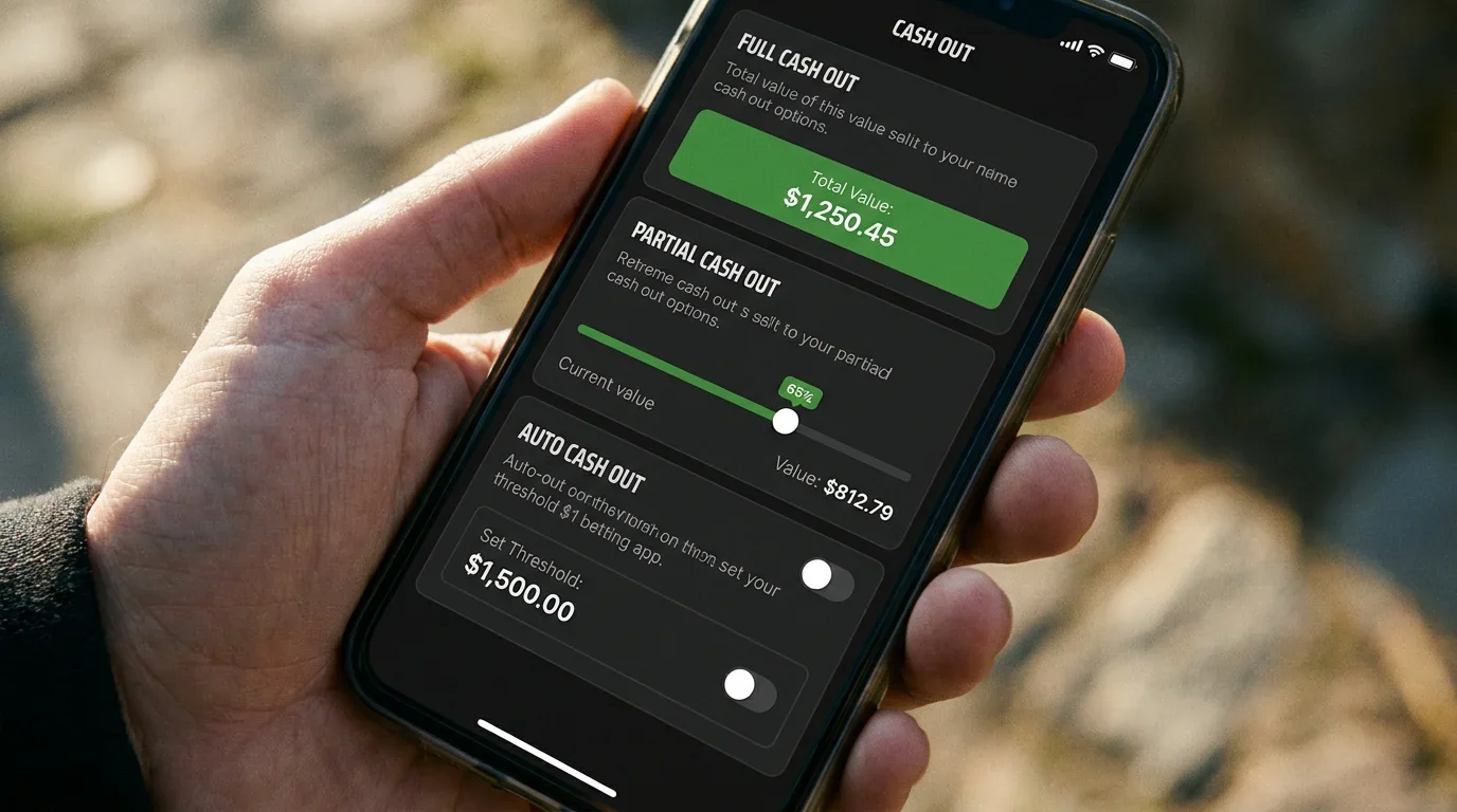 Mobile betting app displaying full and partial cash-out options on a live rugby bet