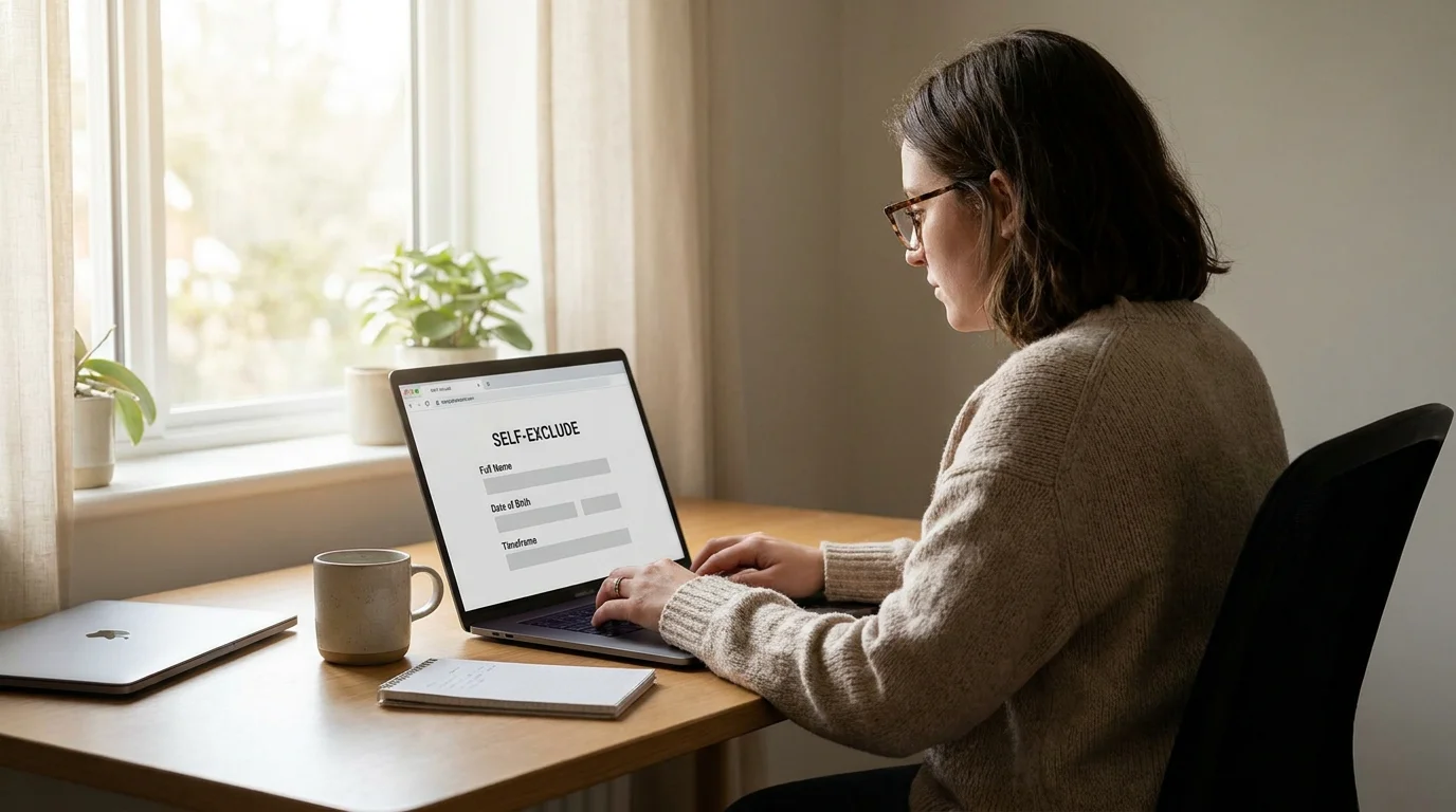 Person using a laptop to register for GamStop self-exclusion from gambling sites
