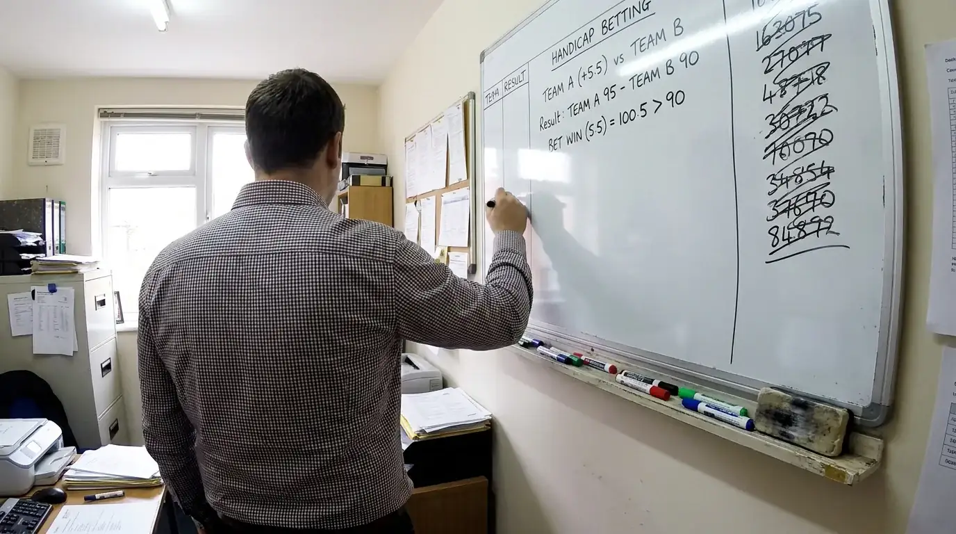 Rugby analyst writing handicap calculations on a whiteboard with match data
