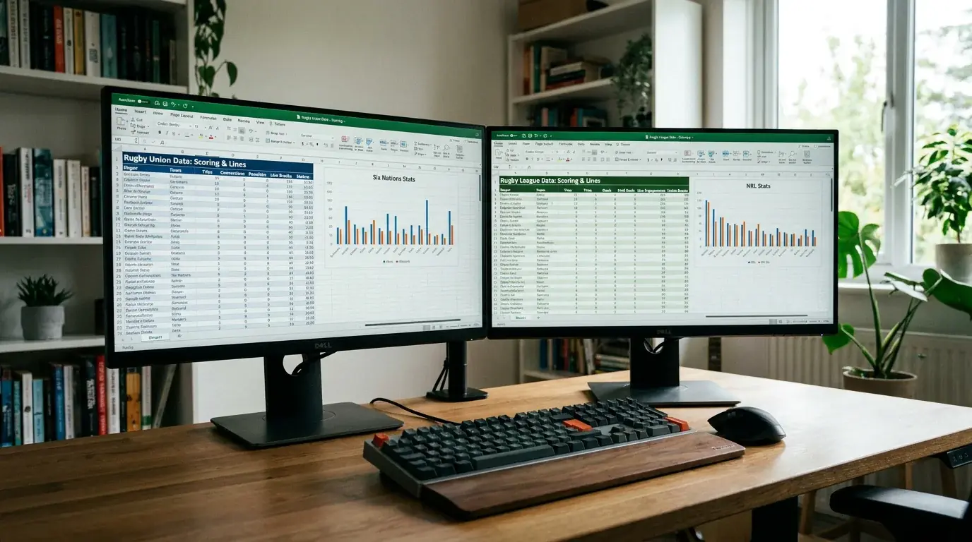 Split view comparing rugby union and rugby league scoring patterns on a data screen