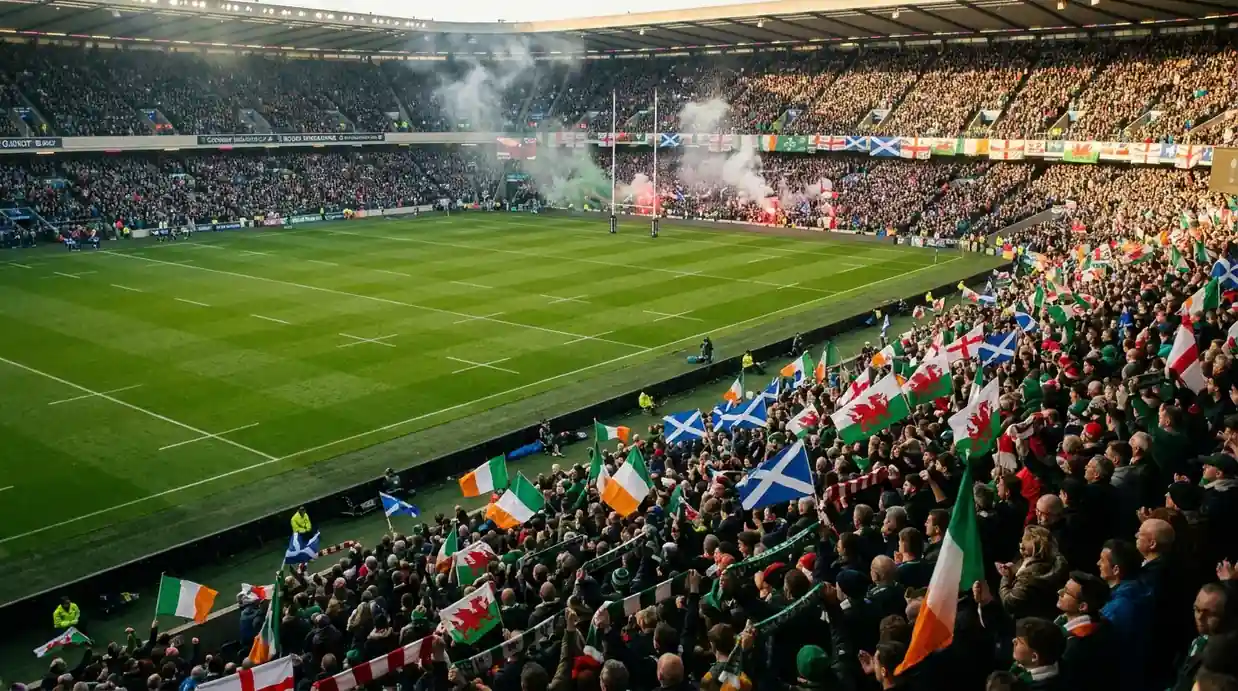 Home nation rugby fans filling a stadium before a November international creating a fortress atmosphere
