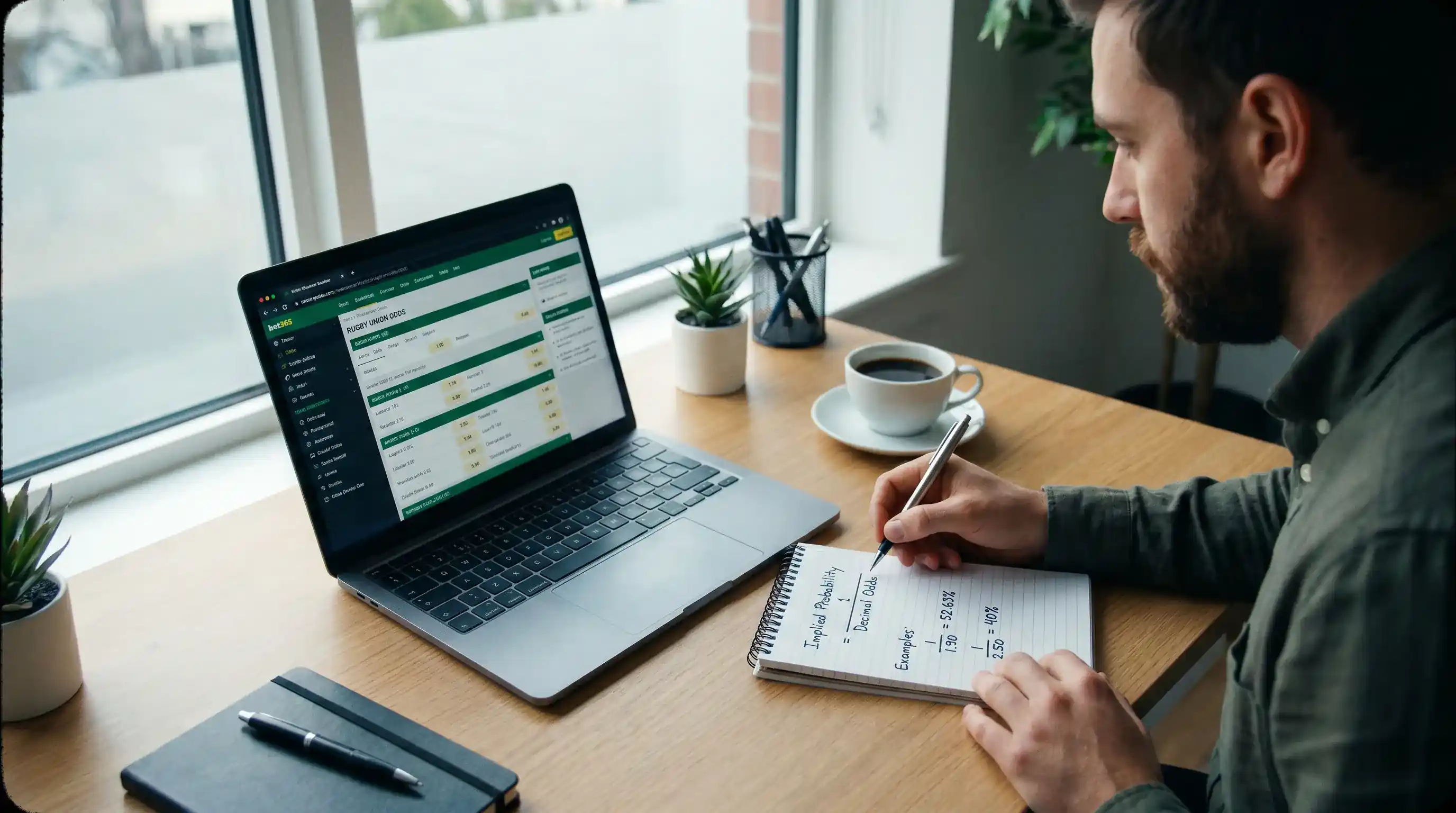 Analyst calculating implied probabilities from rugby odds at a desk with notes