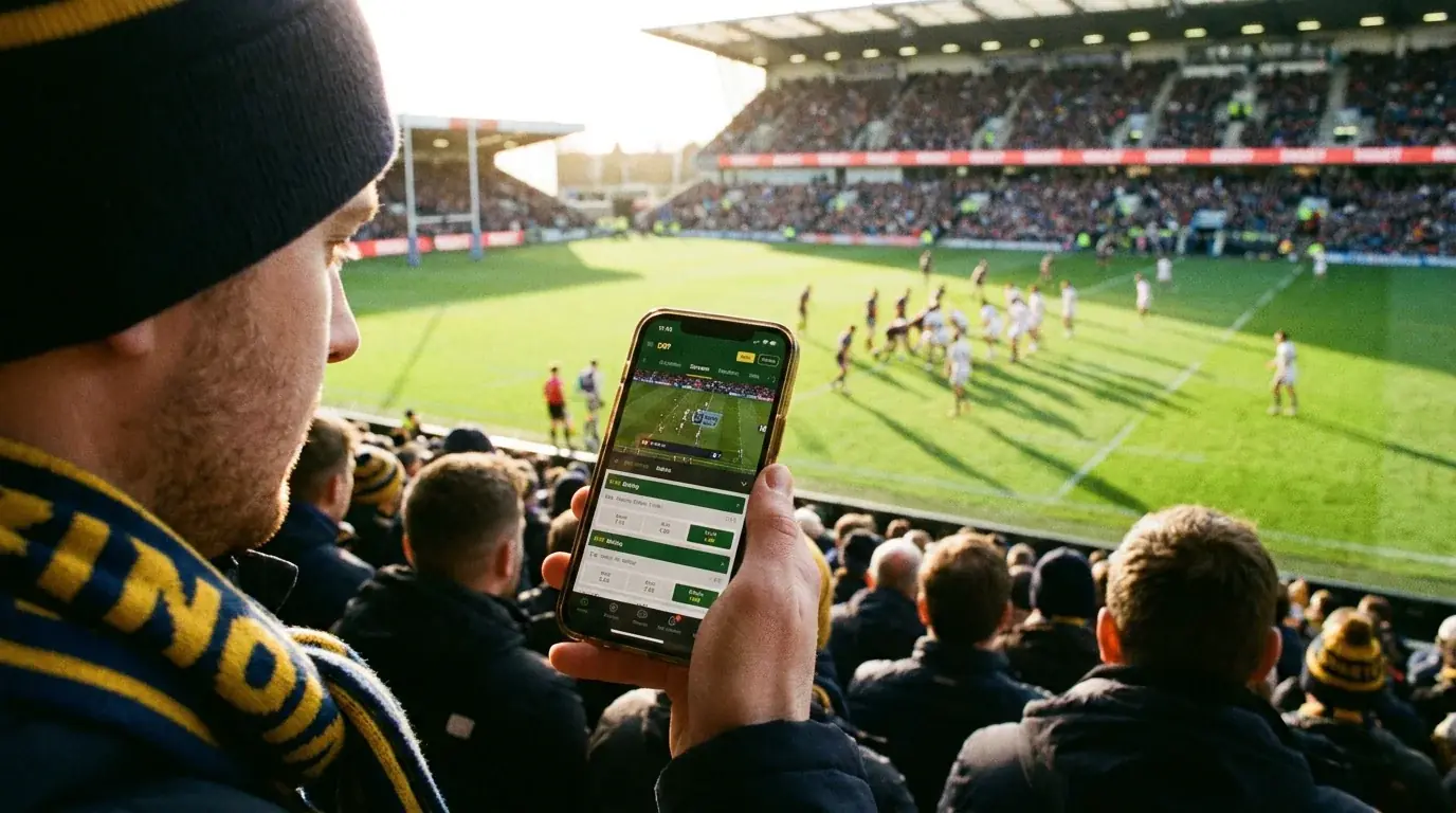 Bettor watching a live rugby match on mobile while timing an in-play bet entry