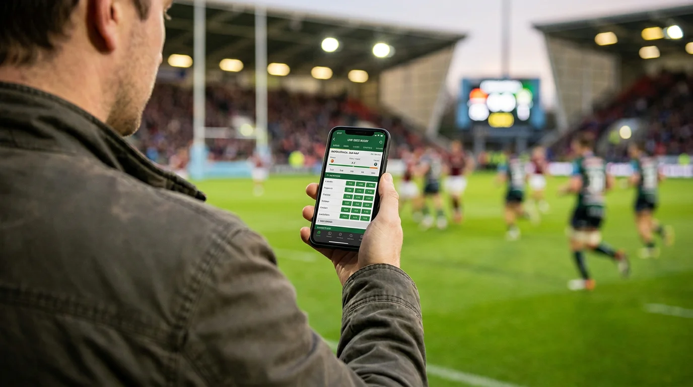 Fan holding a smartphone with a rugby live betting interface while watching a match from the stands