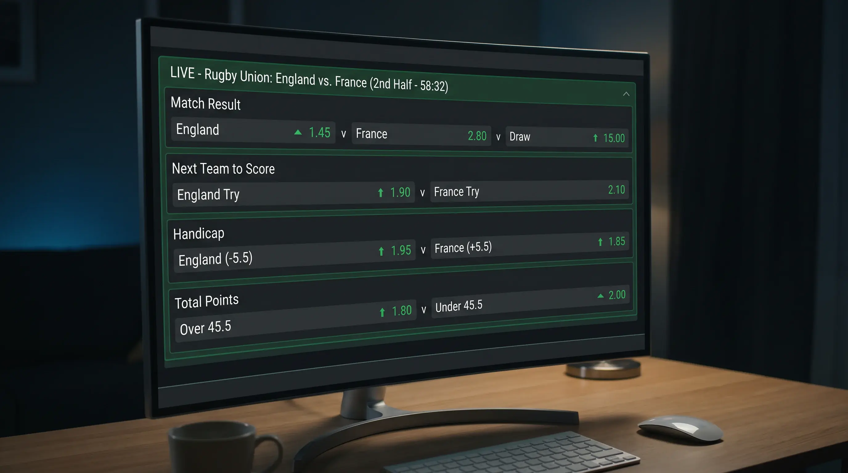 Betting platform screen showing live rugby in-play markets with real-time odds updating