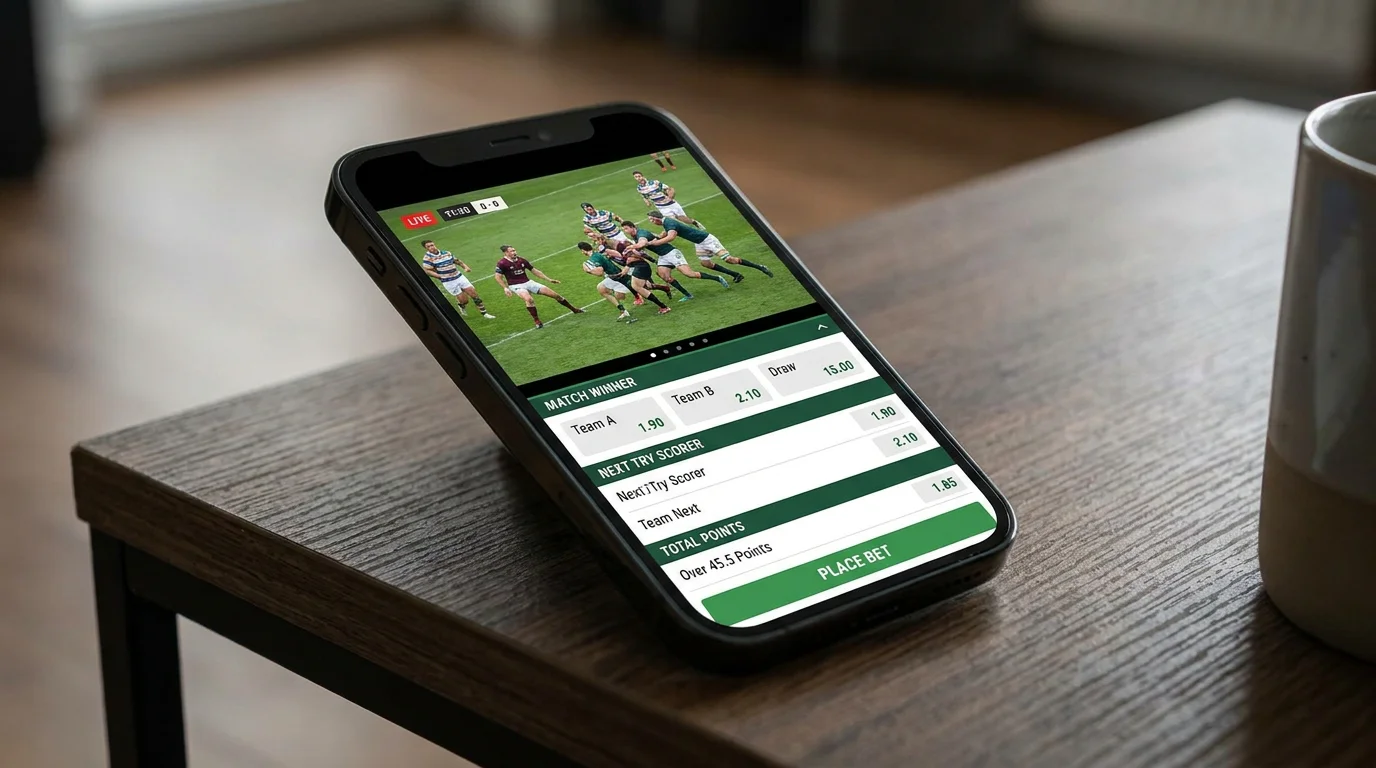 Smartphone screen showing a rugby live stream embedded above in-play betting markets