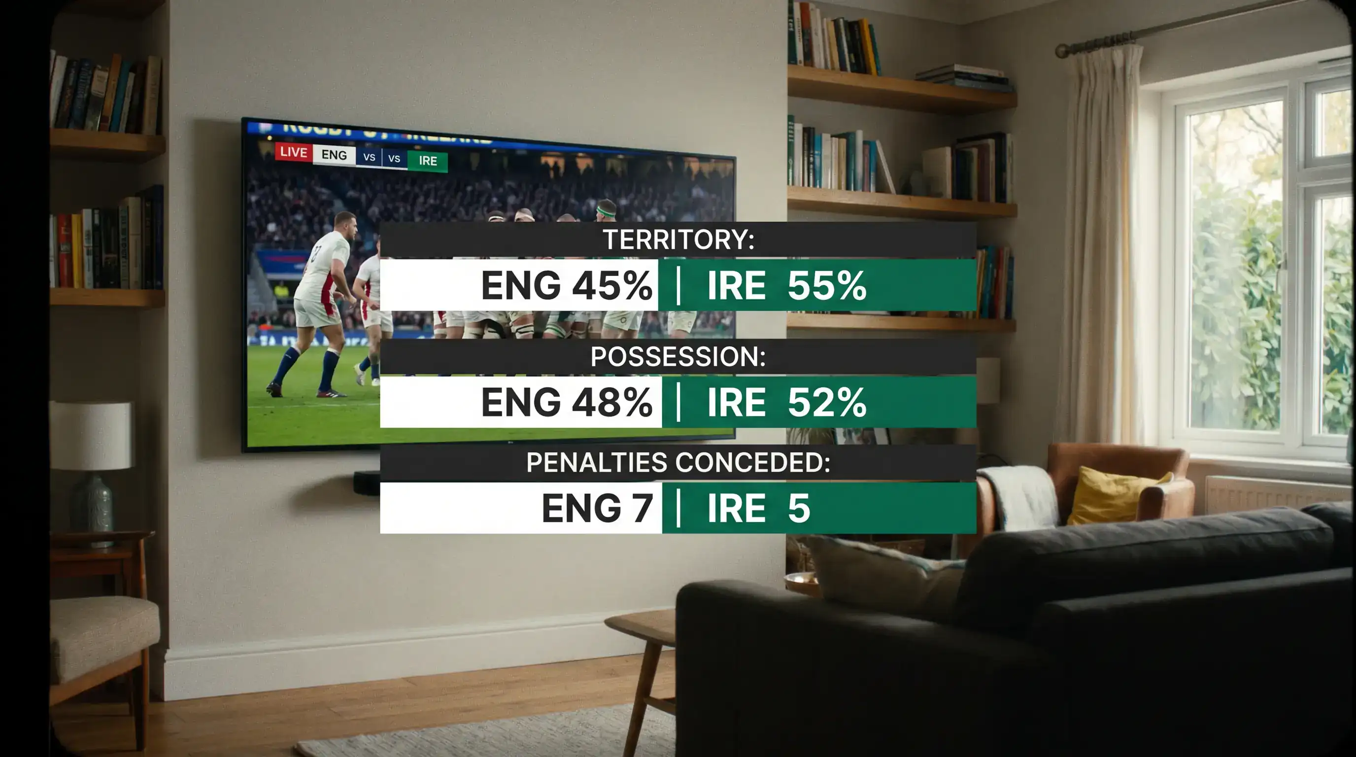 Rugby match statistics screen showing territory and possession percentages during a live game