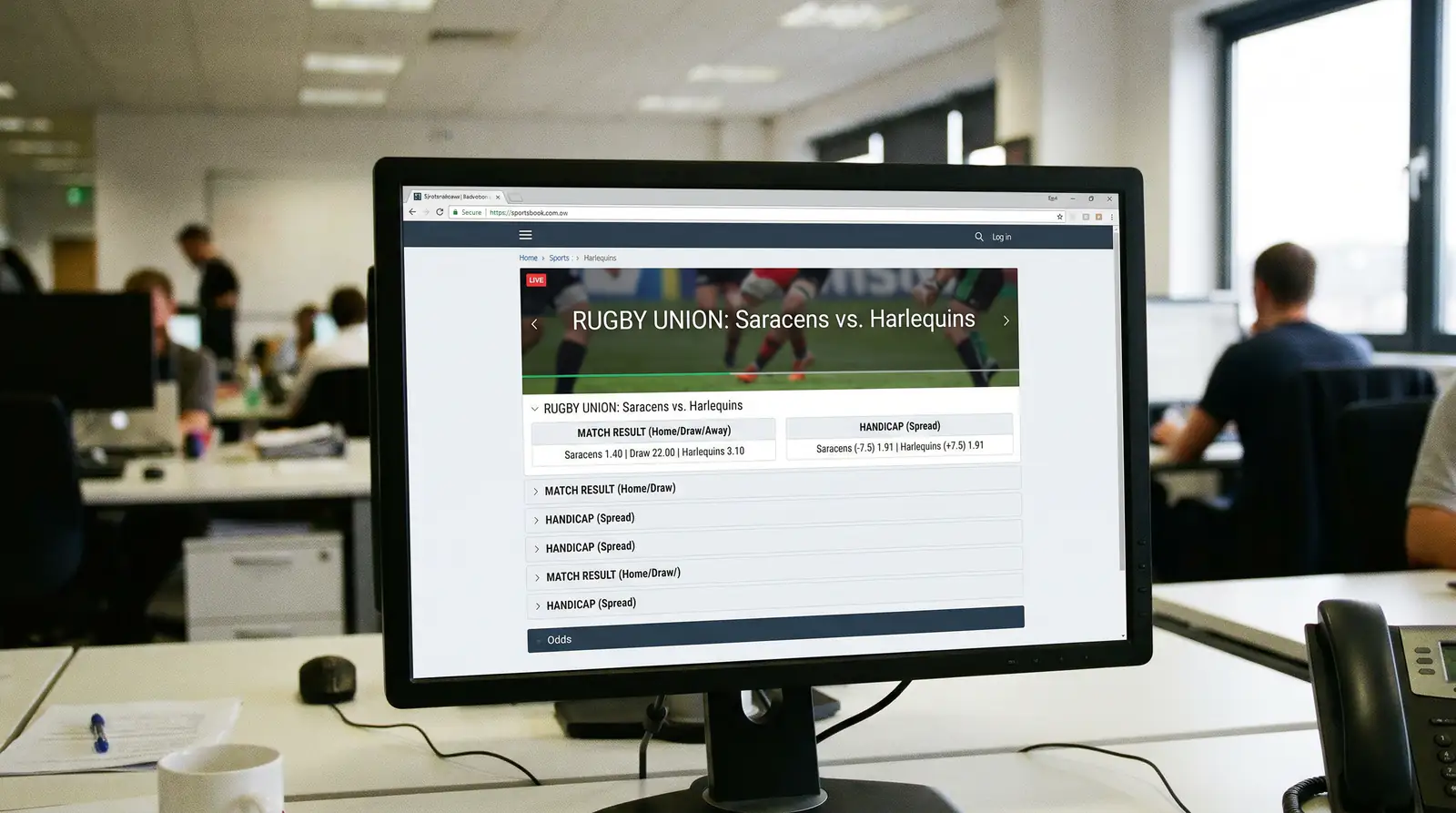 Sportsbook interface showing match result and handicap betting options for a rugby fixture
