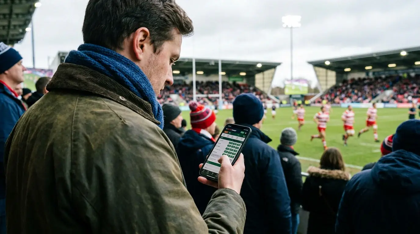Person checking rugby betting odds on a smartphone while watching a live match from stadium seating