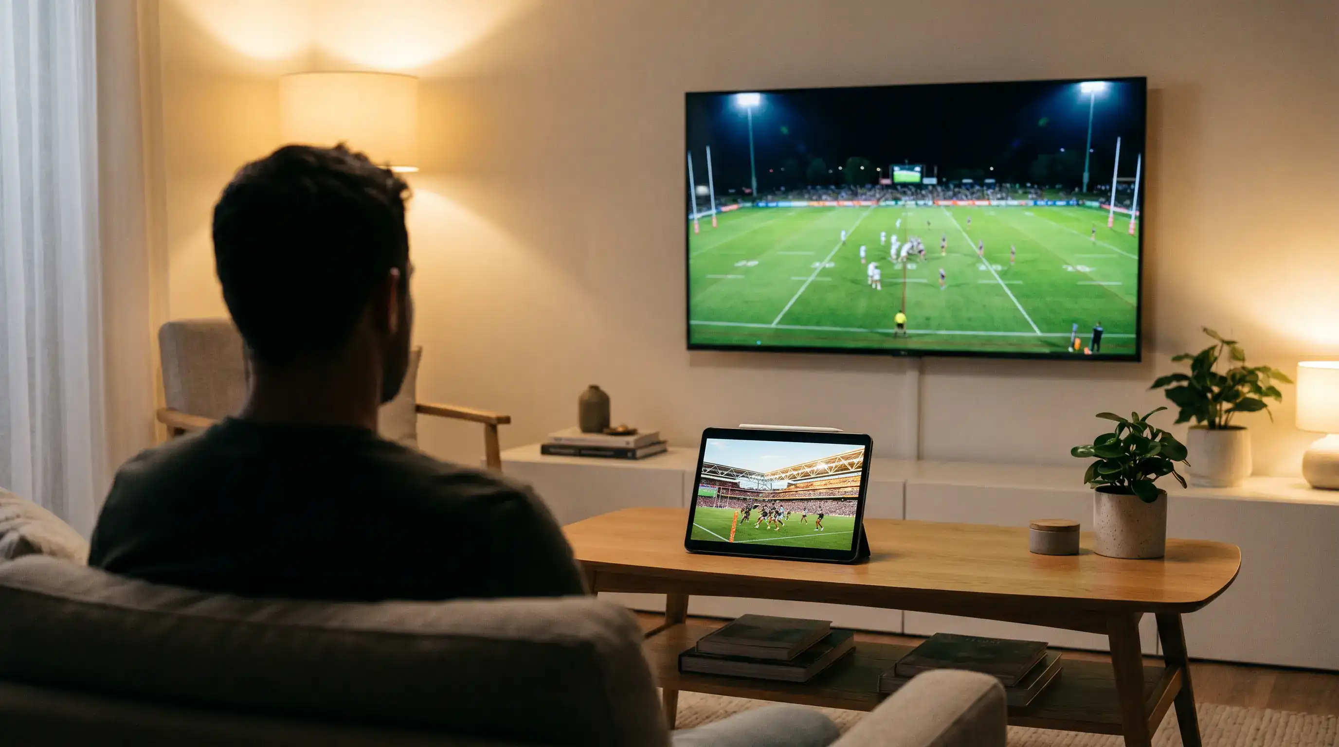 Two rugby league matches shown on separate screens representing NRL and Super League coverage