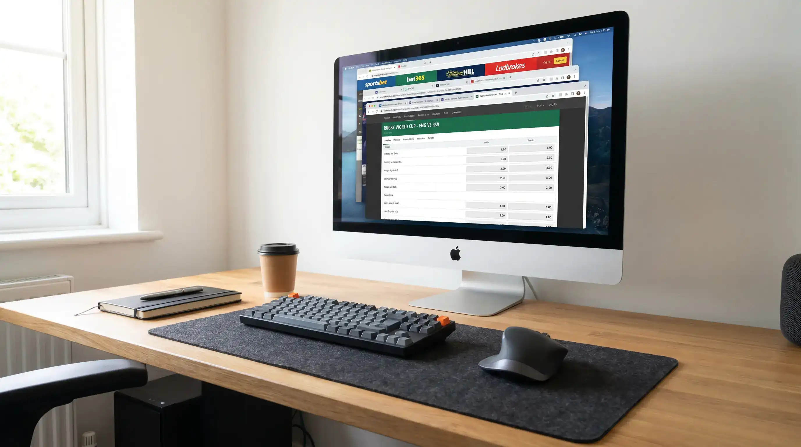 Desktop screen with multiple bookmaker tabs open comparing rugby union match odds