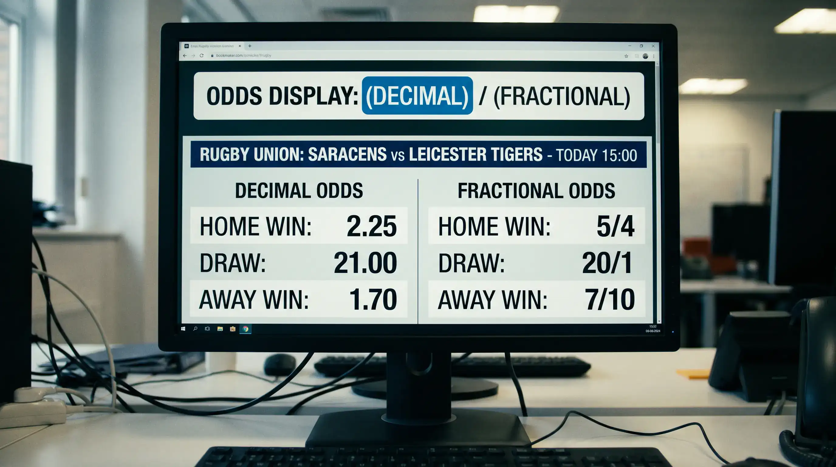 Clear comparison of decimal and fractional odds formats on a bookmaker screen