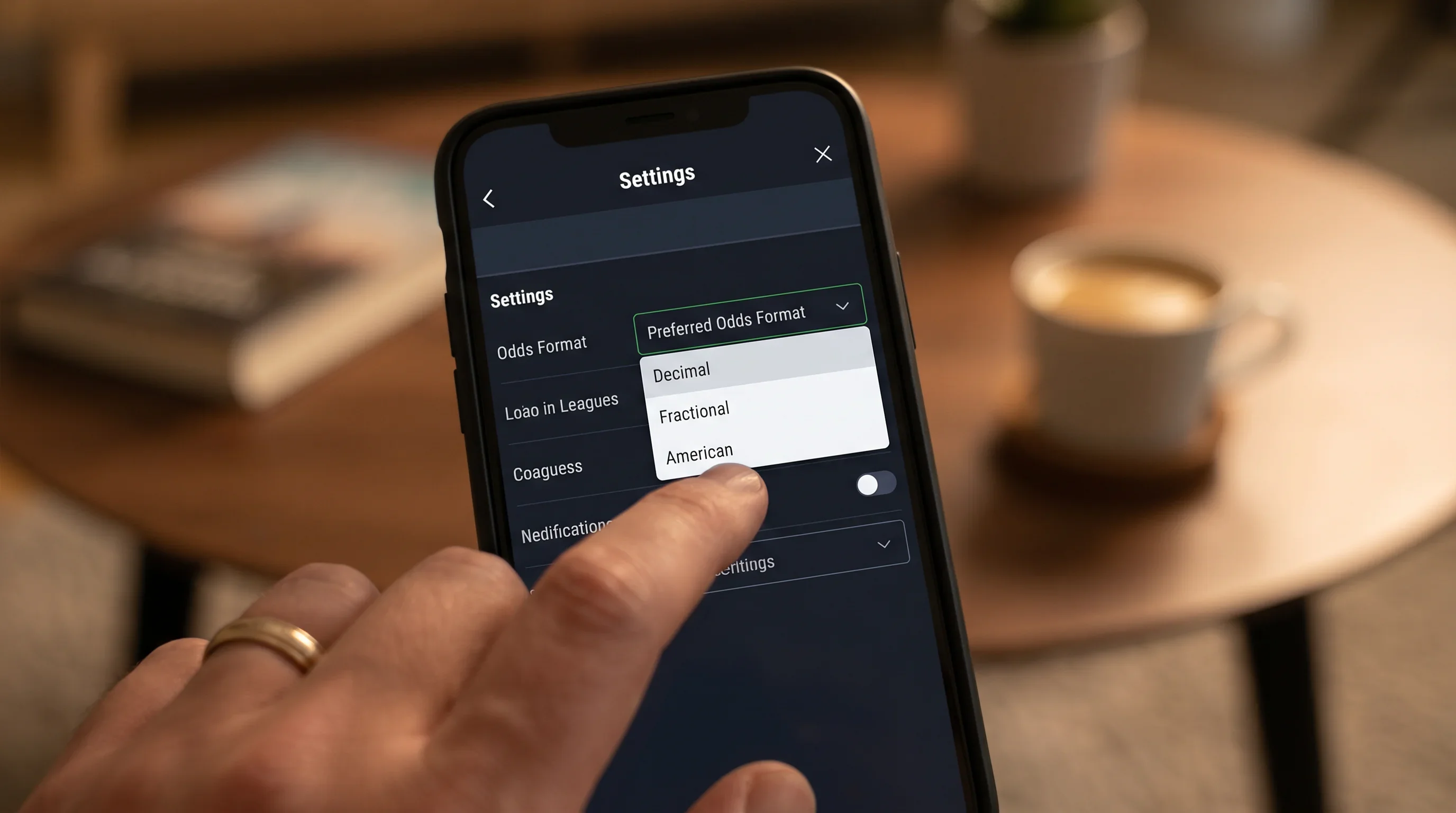 Betting app settings page where a user switches between odds format options